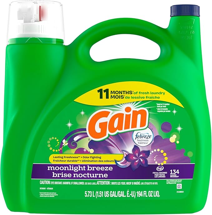Gain Liquid Laundry Detergent, Moonlight Breeze Scent, 194 fl oz, 134 loads, Freshness + Odor Fighting, High Efficiency Washing Machine Liquid Cleaning Soap