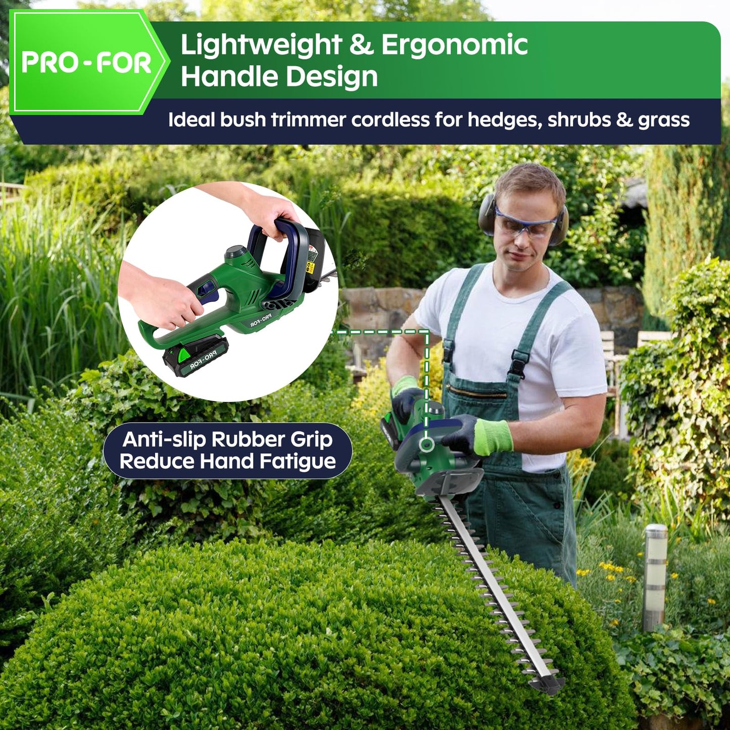 PRO-FOR Cordless Hedge Trimmer with Battery and Charger, 20V Bush Trimmer, 22" Dual-Action Blade, 3000SPM Electric Shrub Trimmer, 0.55" Cutting, Lightweight Battery Powered for Garden & Yard