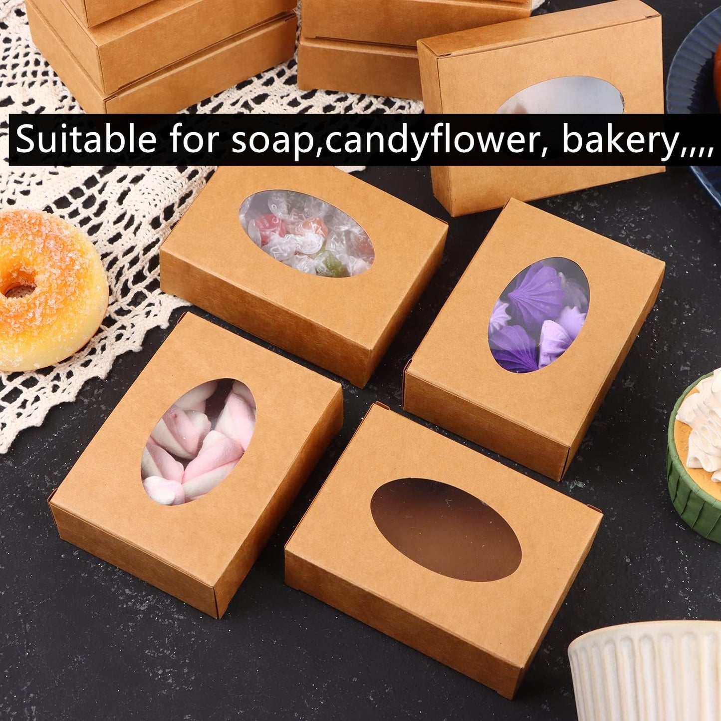 Zentriqlla 120 Pack Paper Soap Boxes, Kraft Treat Box with Window, Favor Packaging Boxes for Wedding, Birthday, Party, Homemade Bakery Candy Party Treats, Easy to Assemble
