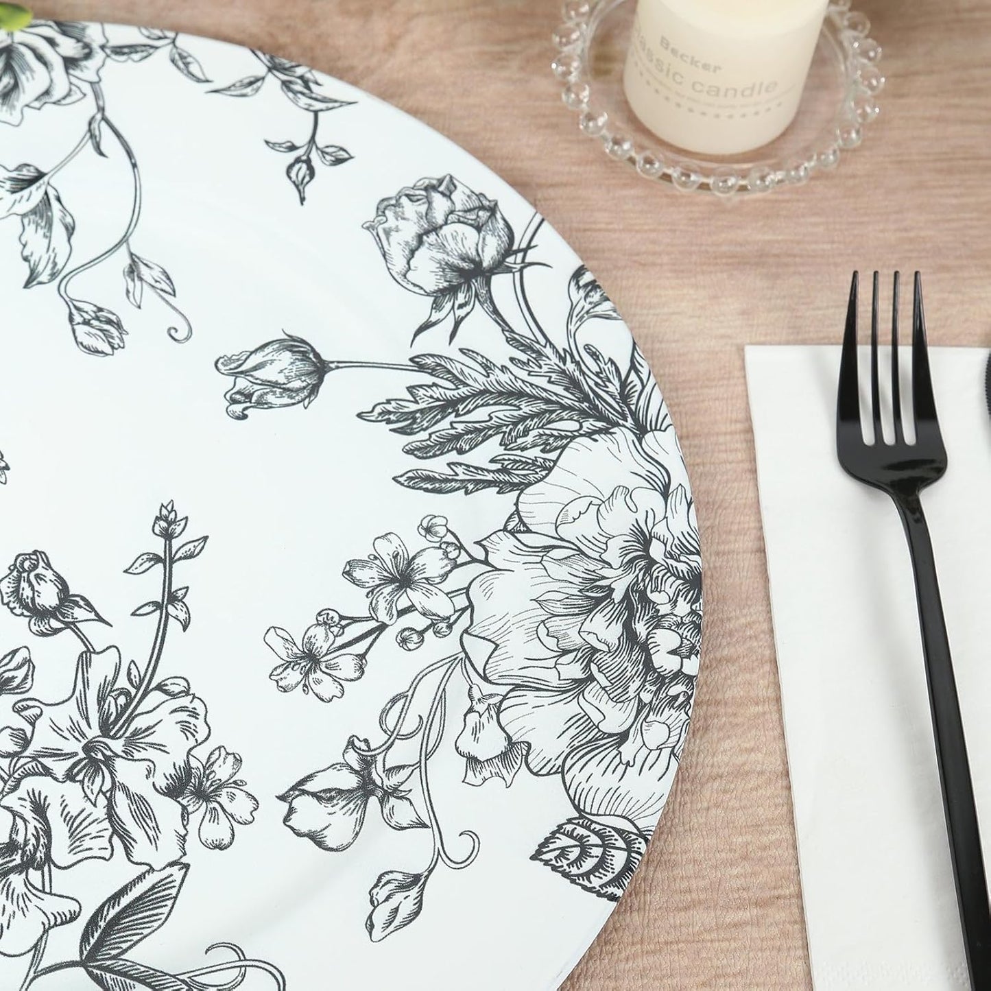 Efavormart 6-Pack Acrylic Charger Plates 13" Round White with Black Floral French Toile Pattern - Decorative Dinner Party Charger Tableware