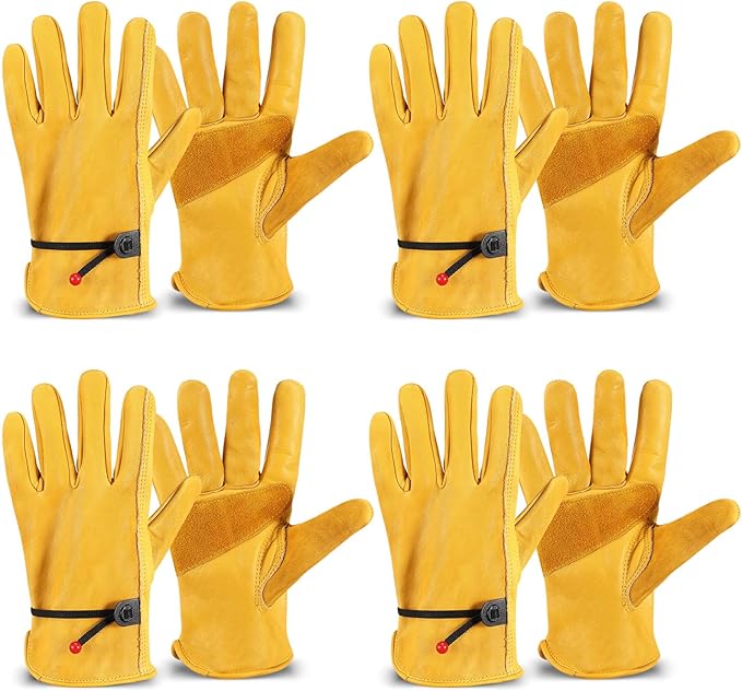 Tarpop Men's Large Cowhide Leather Work Gloves, Reinforced Palm for Wood Cutting, Construction, Gardening, Driving