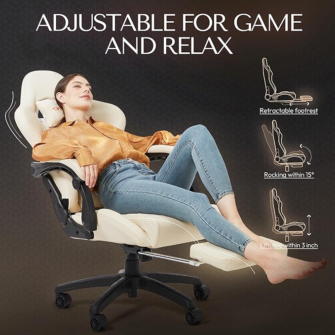 Dowinx Gaming Chair Big and Tall, Ergonomic Computer Chair with Footrest and Massage Lumbar Support, High Back Comfortable Gamer Chair for Adults 350Lbs PU Leather for Office Game, Ivory