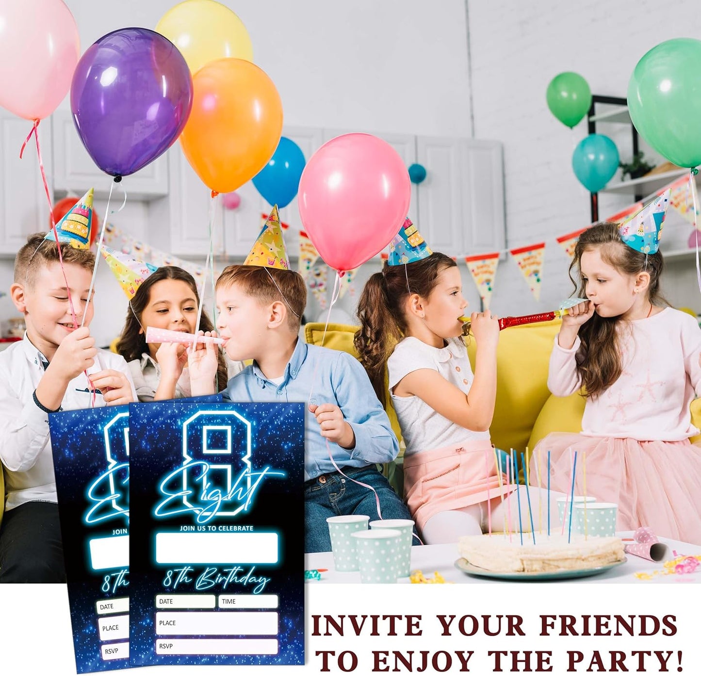 SIXEIGHT Blue 8th Birthday Party Invitations for Boys, Glow Neon Birthday Invitations, 20 Double Sided Invite Cards with Envelopes for Kids Girls, Party Decorations Supplies, 4"x6"-C08