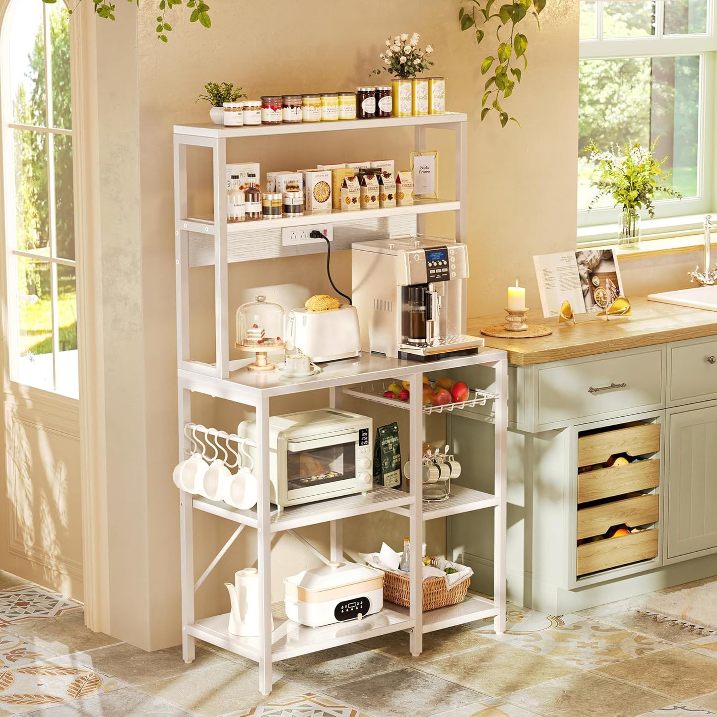 SUPERJARE Bakers Rack with Power Outlet, 35.4 Inches Coffee Bar with Wire Basket, Kitchen Microwave Stand with 6 S-Shaped Hooks, Open Storage Shelves, White