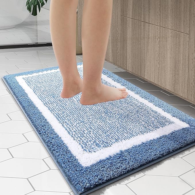OLANLY Bathroom Rugs 47x20, Extra Soft and Absorbent Microfiber Bath Mat, Non-Slip, Machine Washable, Quick Dry Shaggy Bath Carpet, Suitable for Bathroom Floor, Tub, Shower (Runner, Blue)
