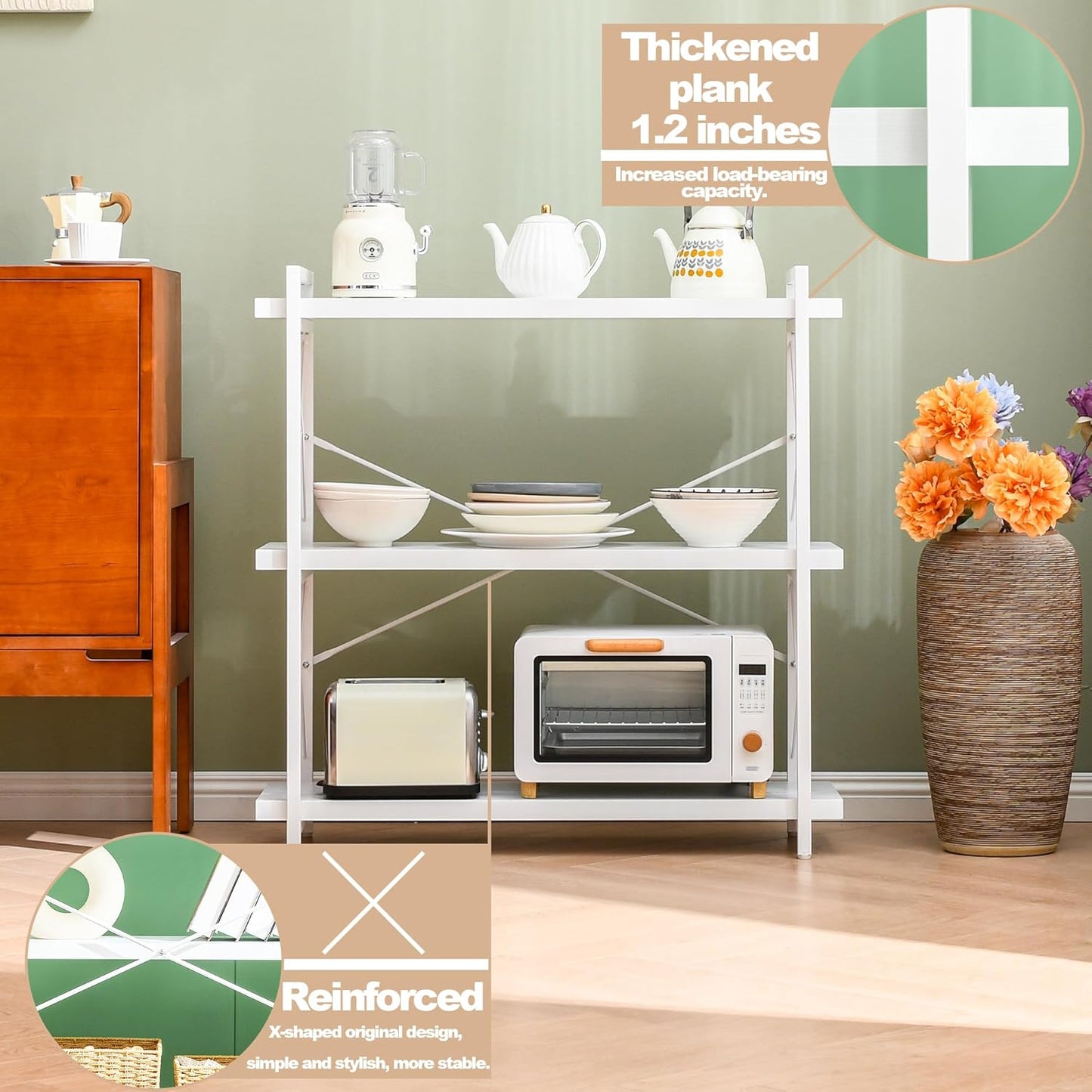 HCHQHS Bookshelf, 3-Tier Industrial Bookcase, White Open Book Shelf, Freestanding Horizontal Bookshelves with Metal Frame