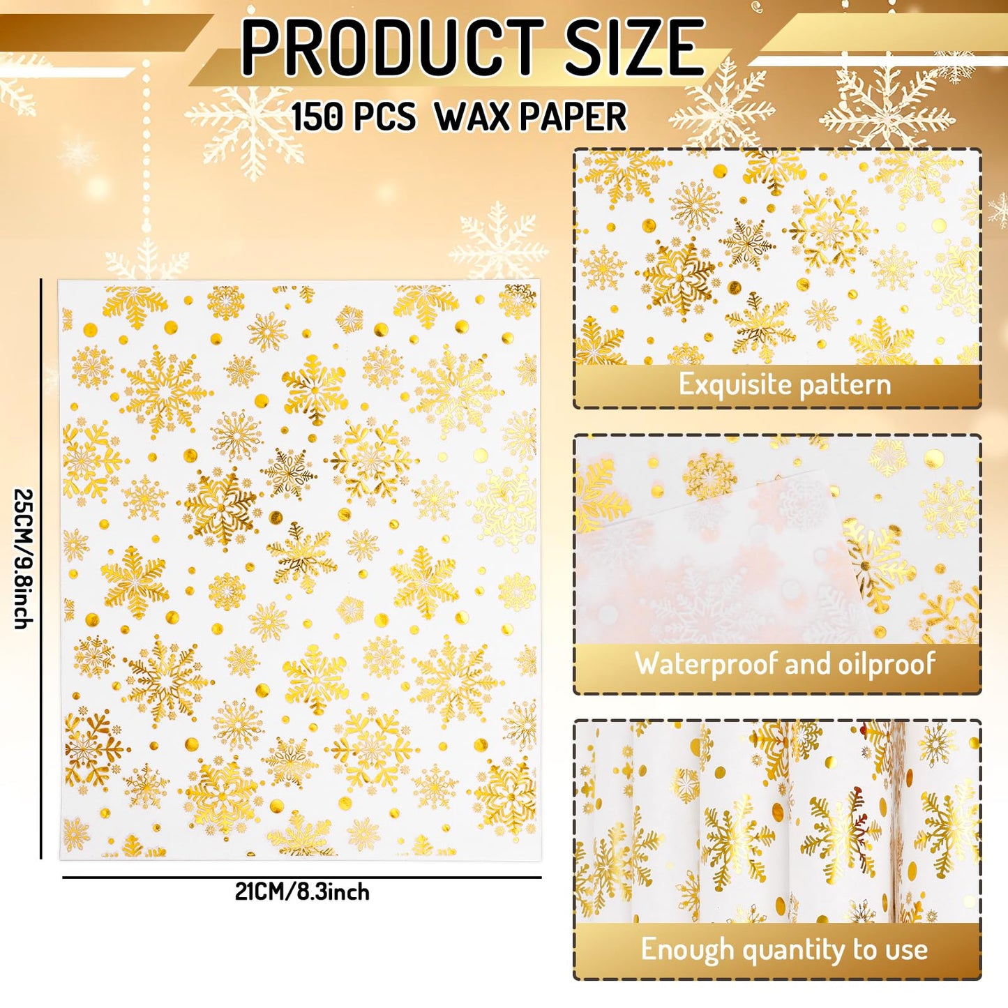 JarThenaAMCS 150 Sheet Christmas Wax Papers Deli Paper Winter Foil Gold Snowflake Paper Food Wrapping Tissue Basket Liner for Xmas Holiday Home Kitchen Restaurant Baking