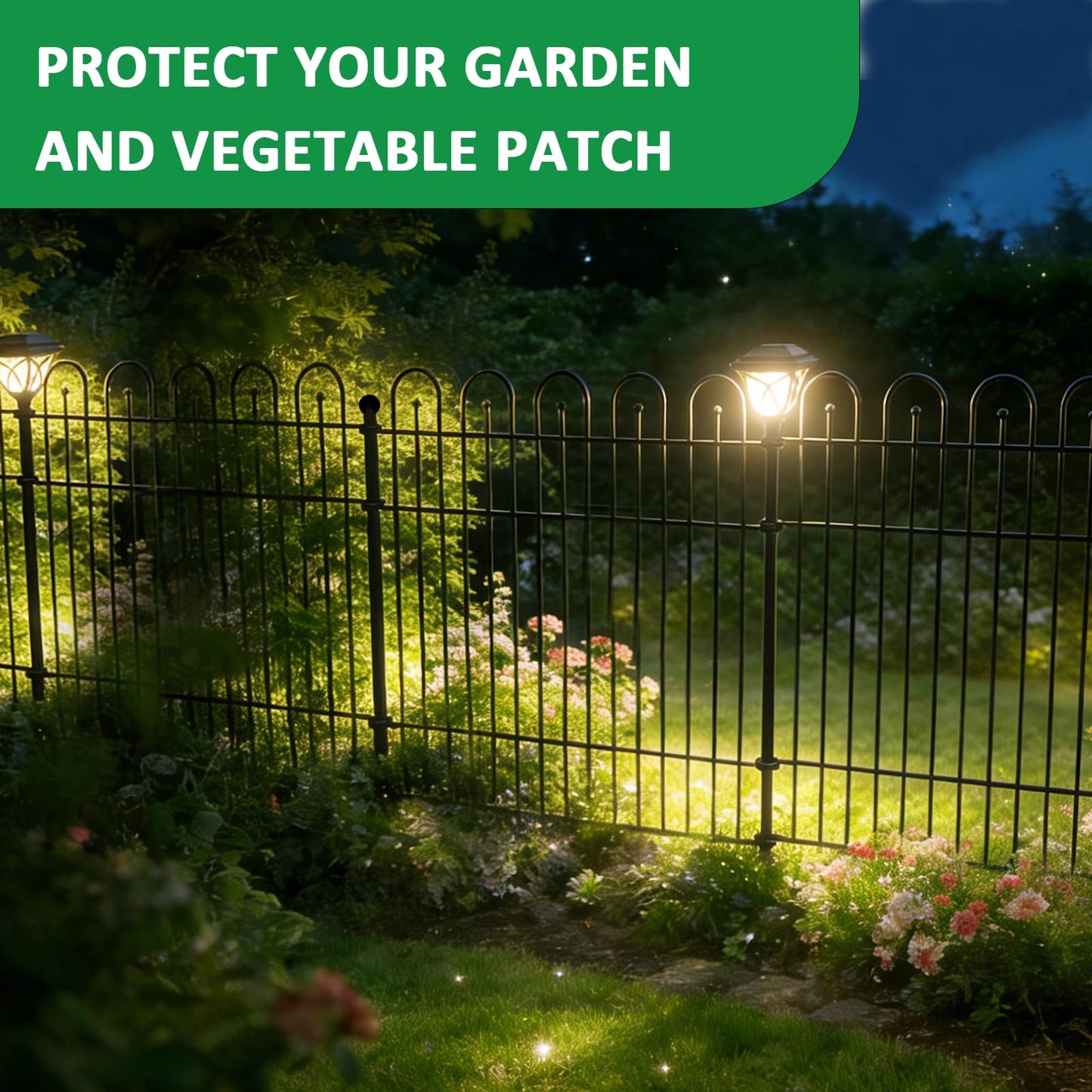Garden Fence Animal Barrier with Lights & Gate, 32 in (H) x23.6ft (L) Decorative Garden Fence, 10 Panels No Dig, Rustproof Metal Temporary Fence, for Outdoor, Yard, Patio