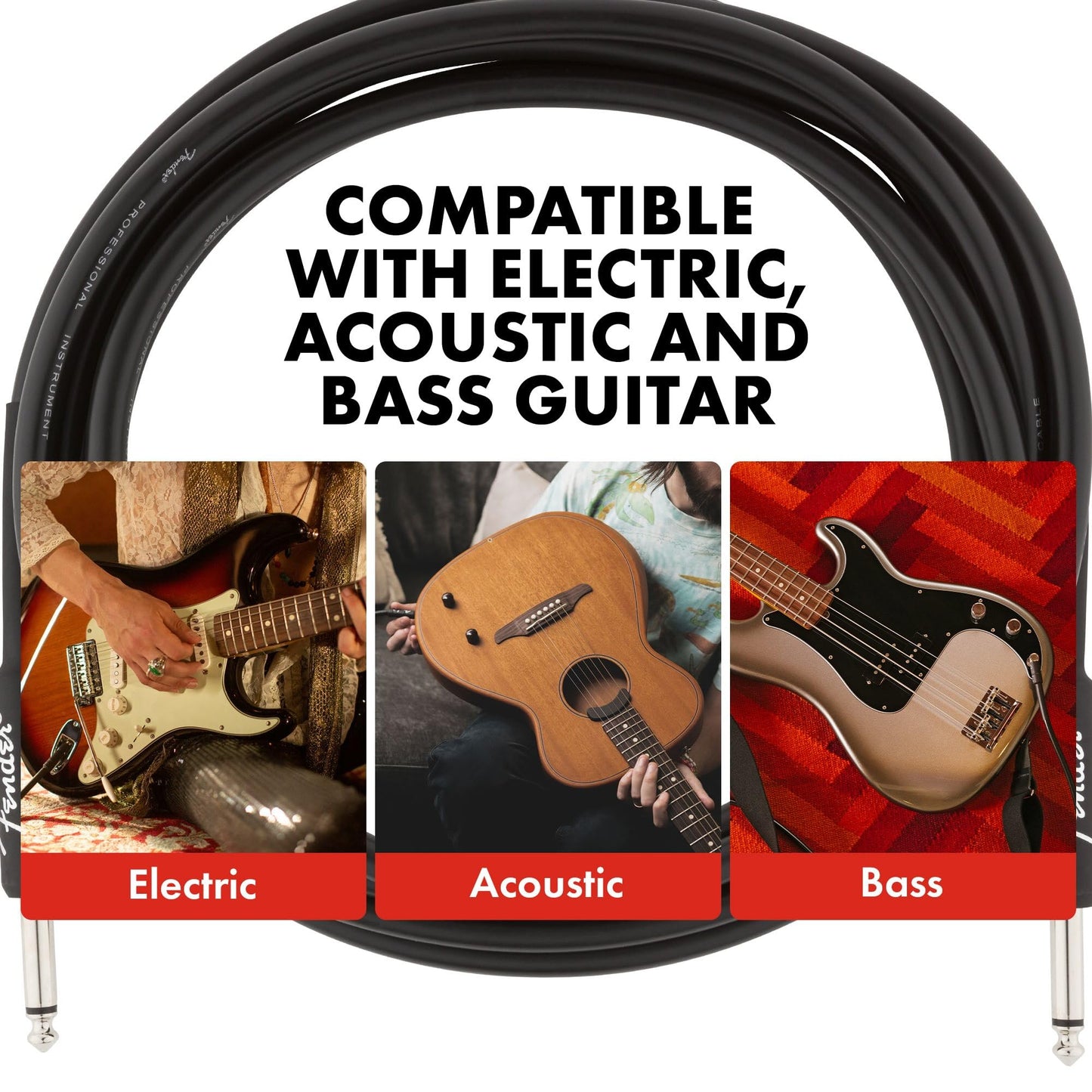Fender Professional Series Instrument Cable, Guitar Cable, Guitar Accessories, Straight/Angle, Black, 15Ft