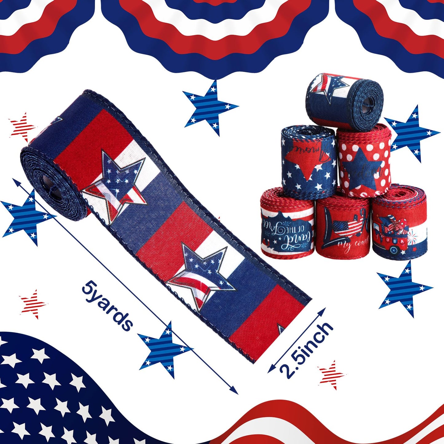 Tigeen 6 Rolls 30 Yards 250th Anniversary Memorial Day 4th of July Patriotic Ribbon Stars and Stripes Burlap Wired Edge Ribbon White Red Blue Decor for Independence Day Gift DIY Wreath Bow Craft