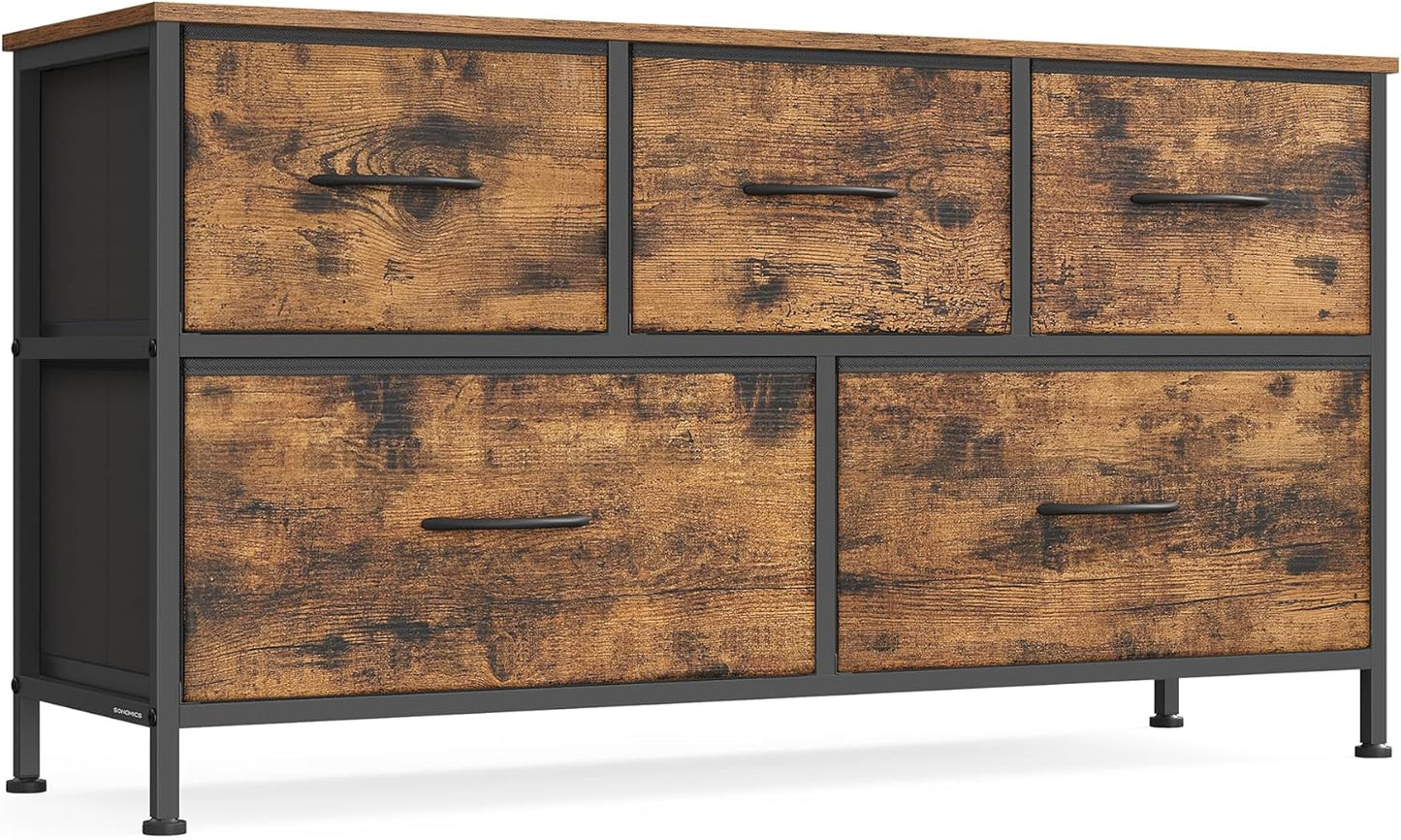 SONGMICS Dresser for Bedroom, Chest of Drawers, TV Stand, Steel, MDF, 5 Non-Woven Fabric Drawers, Storage Organizer Unit, Closet, Entryway, Rustic Brown and Ink Black ULGS322B02S