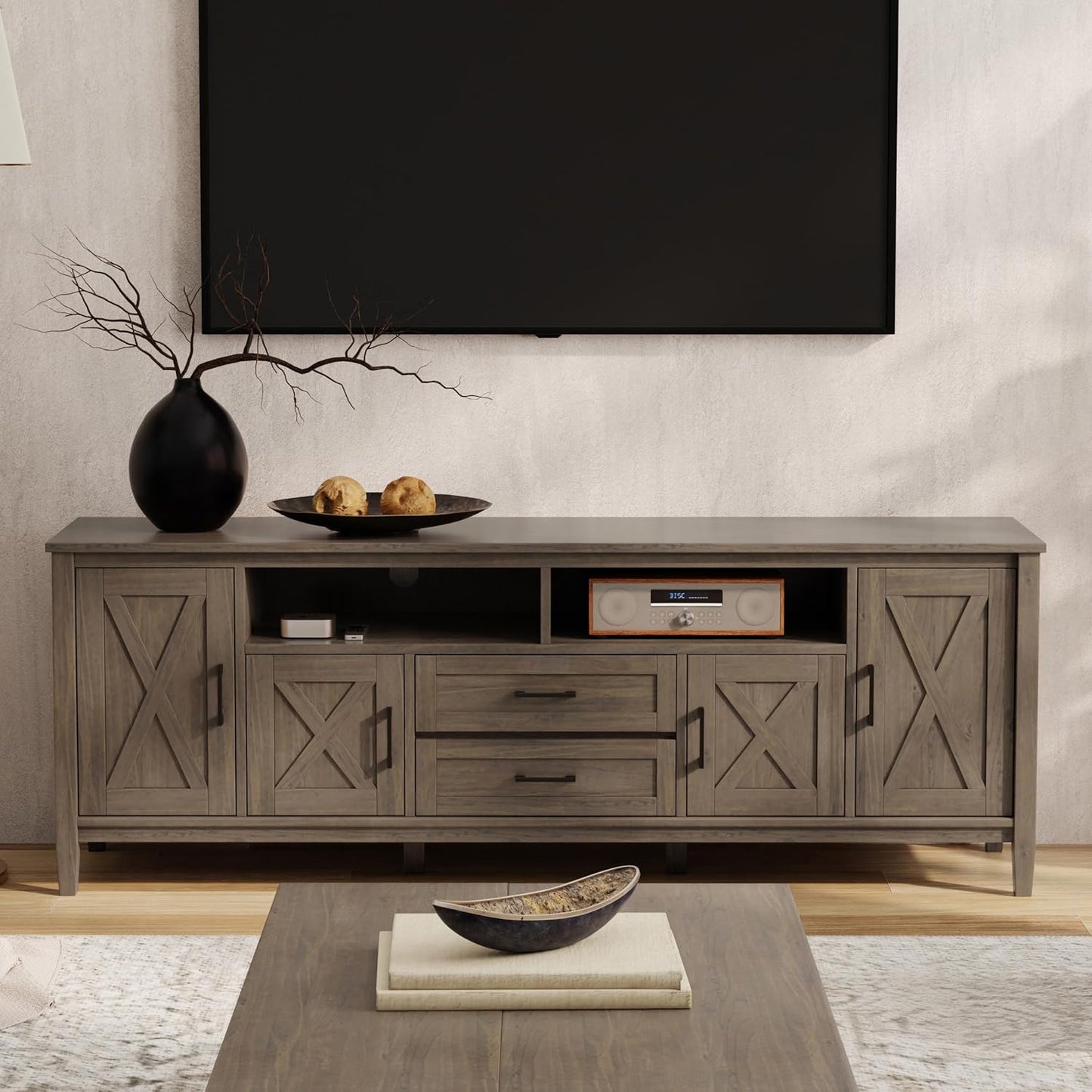 SIMPLIHOME Ela SOLID WOOD 72 inch Wide Transitional TV Media Stand in Smoky Brown For TVs up to 80 inches for the Living Room and Entertainment Center