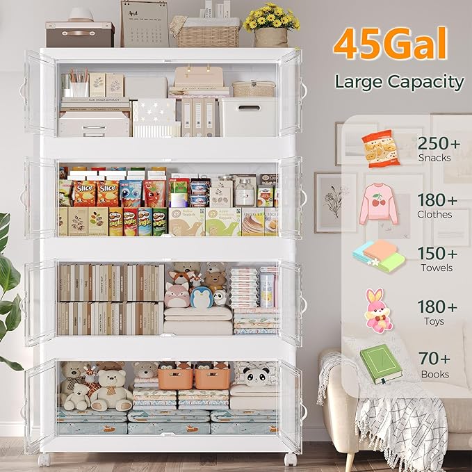 540QT Extra Large Stackable Storage Bins with Lid, 135Gal Collapsible Closet Organizer Box with Wheels, Folding Plastic Storage Cabinet with Doors for Home Kitchen Office Dorm, 3Pack White