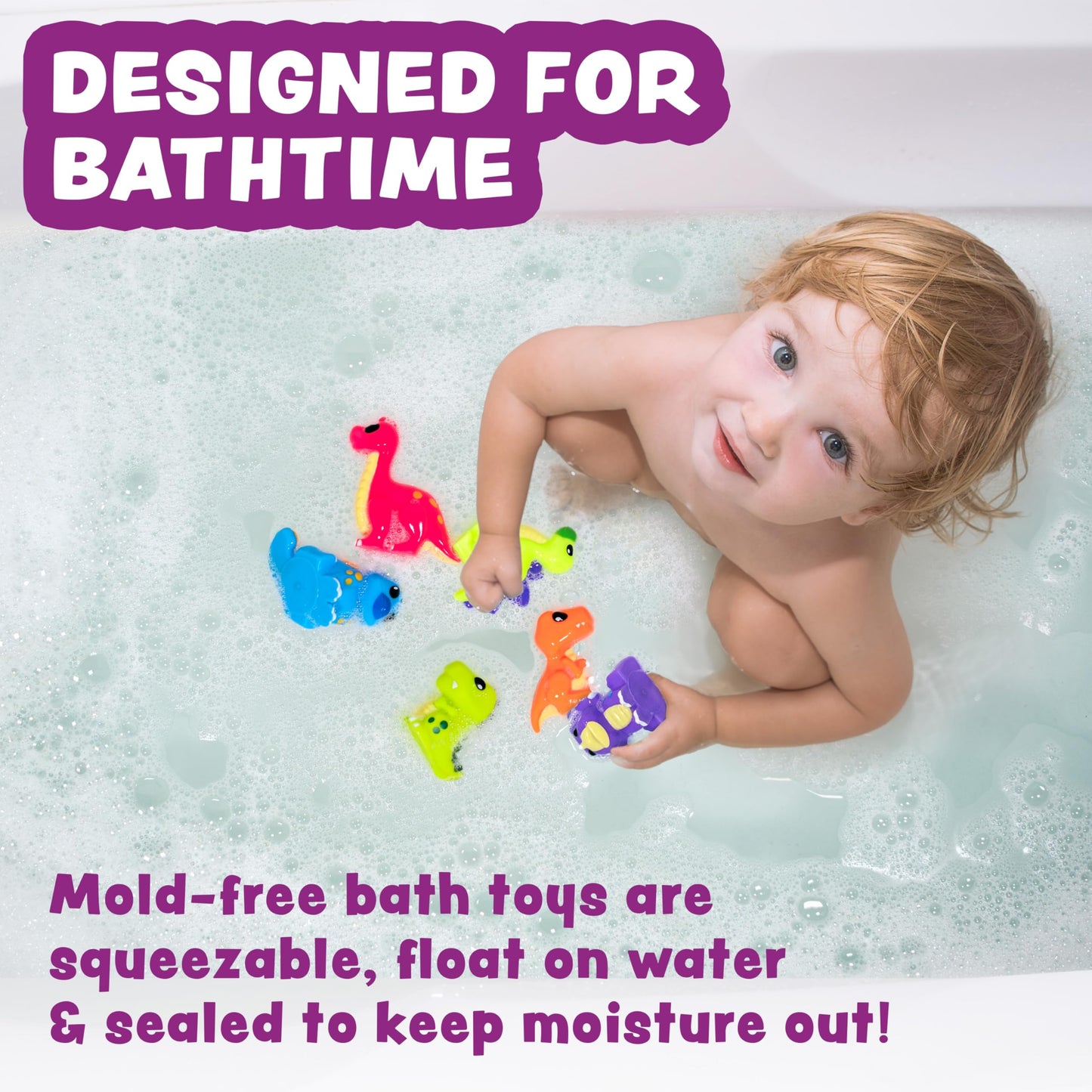 Tub Works® Dinosaur Mold Free Bath Toys, 12 Pack | Sealed, No Hole Bath Toys Design Keeps Moisture Out | Soft, Squeezable & Float on Water | Easy-Grip Baby & Toddler Bath Toy Set | Baby Pool Toys