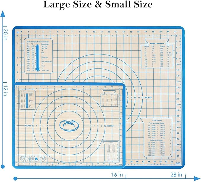 Silicone Baking Mat,28in×20in & 16in×12in Pastry Mat,Measuring Non-slip Dough mat Mats for Baking,Kneading Dough,Table Mats Blue (2Pack)