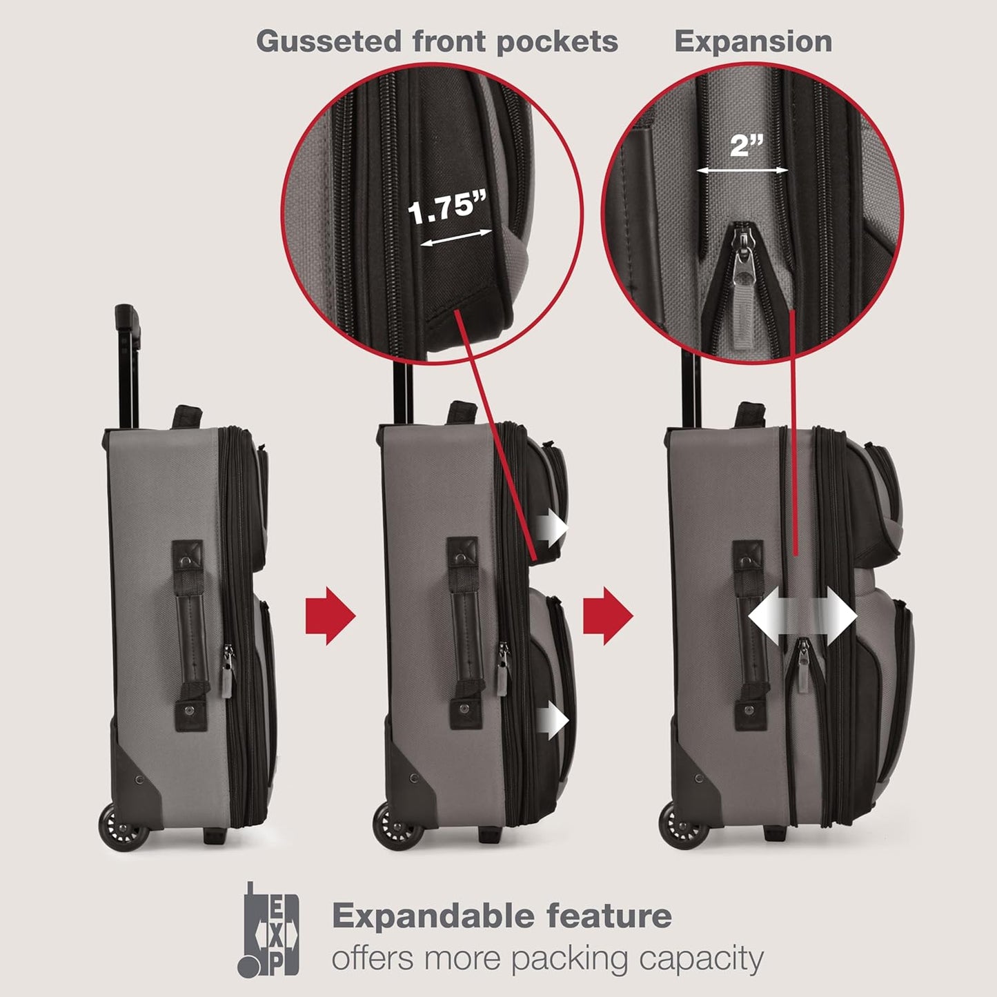 U.S. Traveler Rio Fabric Expandable Carry-on Luggage, Rolling Suitcase, Grey, 2 Wheel Set