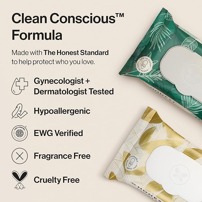 The Honest Company Flushable Wipes for Sensitive Skin | Fragrance Free, Hypoallergenic, 99% Water, Safe to Flush | pH Balanced Feminine Wipes | Tropical Leaves, 336 Count