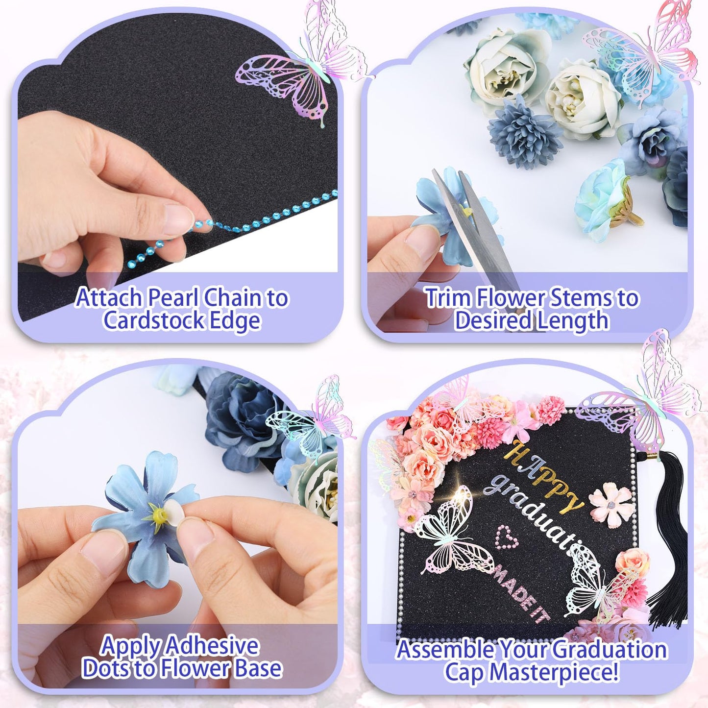 Graduation Cap Decorating Kit DIY Grad Cap Topper Crafts Glitter Cardstock Assorted Artificial Flowers Butterflies Rhinestones Alphabet Stickers Graduation Party Supplies (Pink)