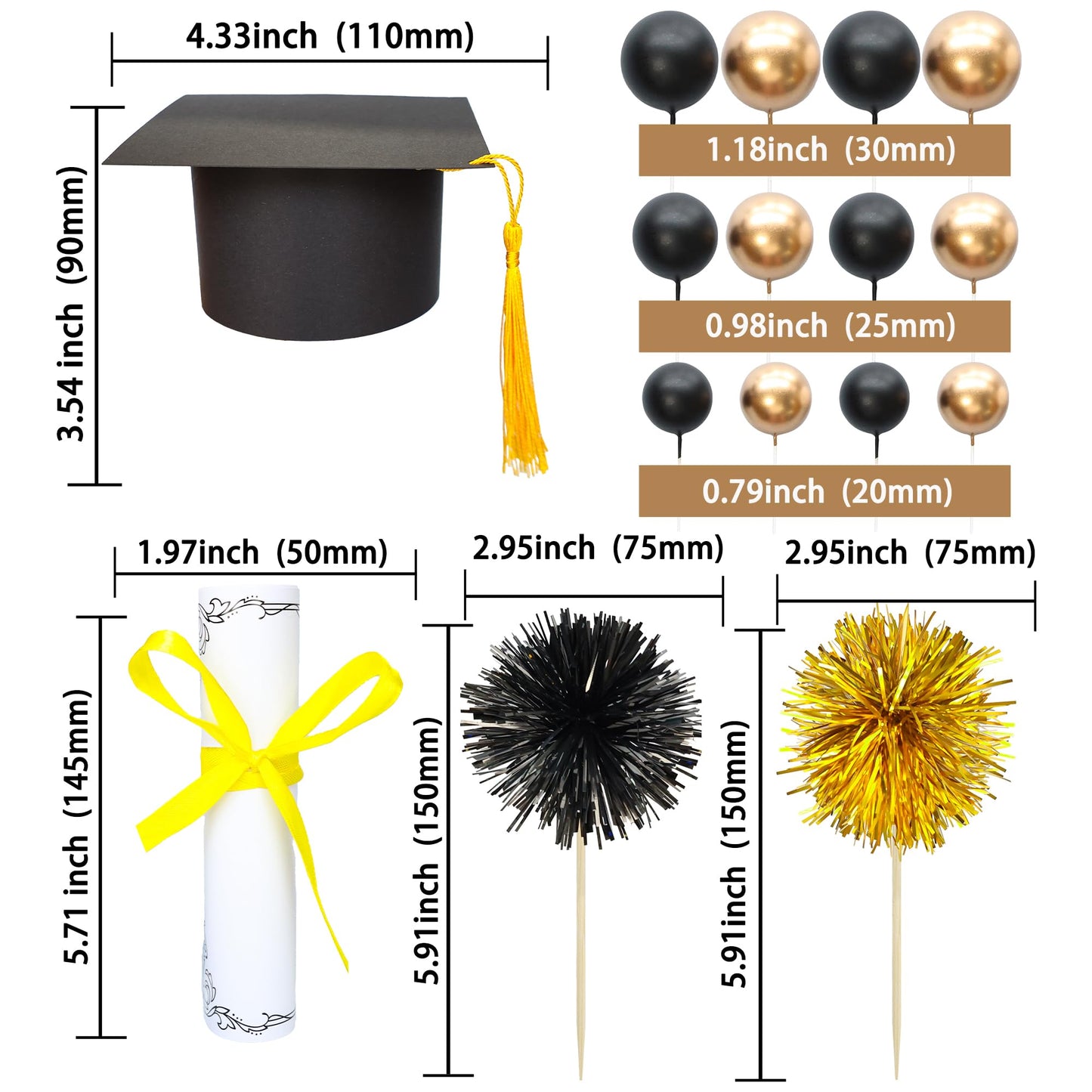 Gyufise 42Pcs 2026 Graduation Cake Kit Diploma Grad Cap Cake Pick Balloon Tassel Firework Cupcake Toppers Prom 2026 Cake Decorations for Class of 2026 Congrats Grad Party Supplies Black Gold