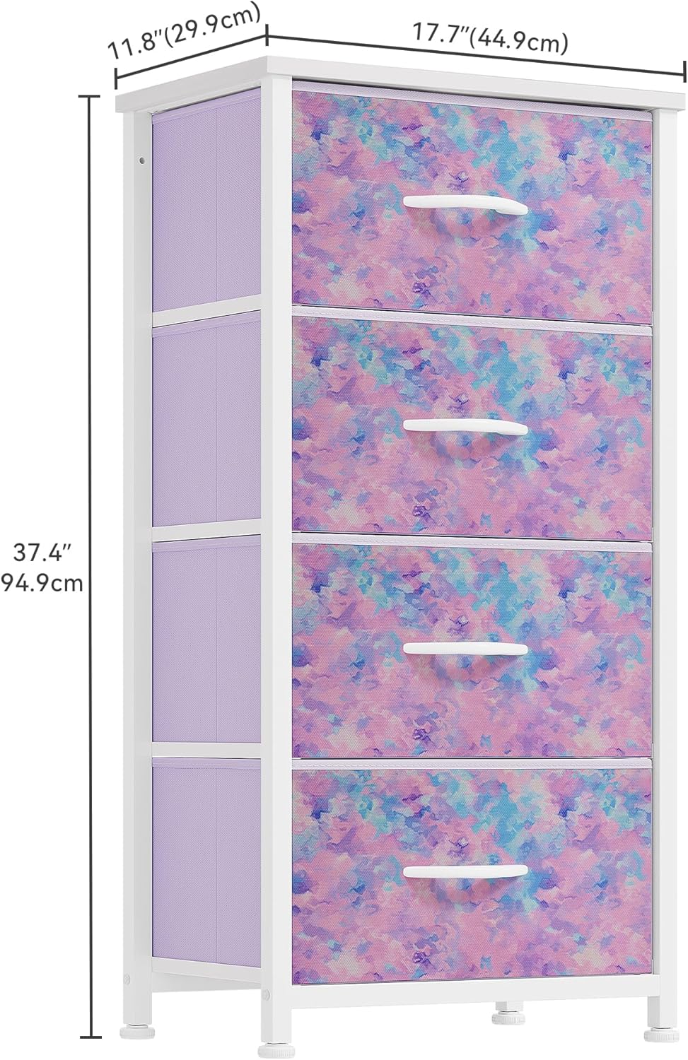 DWVO Dresser with 4 Drawers - Storage Tower Unit, Dresser for Bedroom, Living Room, Closets - Sturdy Steel Frame, Wooden Top & Easy Pull Fabric Bins, Purple