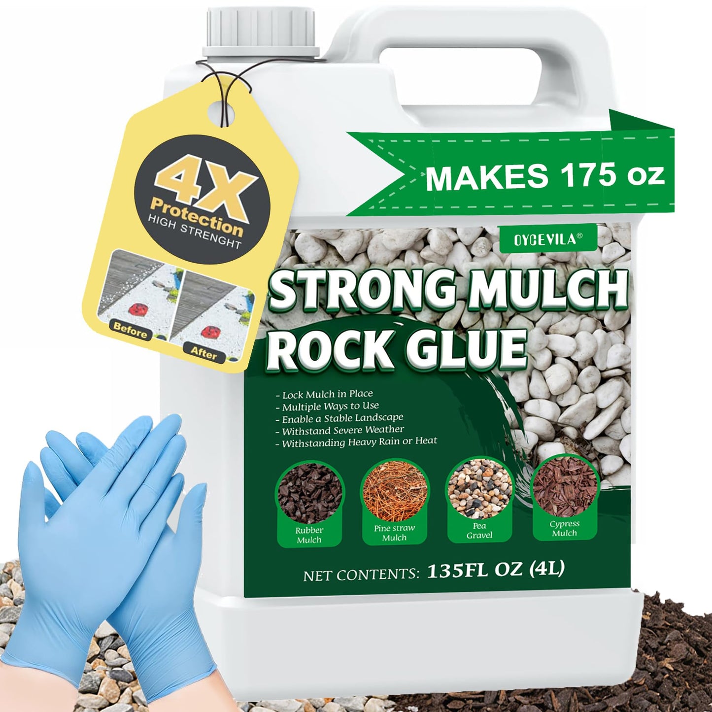 135 oz Clear Mulch Glue for Landscaping — Strong Rock Glue for Landscaping, All-Weather Anchor Binder Adhesive, Locks Down Gravel & Stones, Prevents Wind & Rain Erosion, Pet-Safe (Covers 400 sq ft)