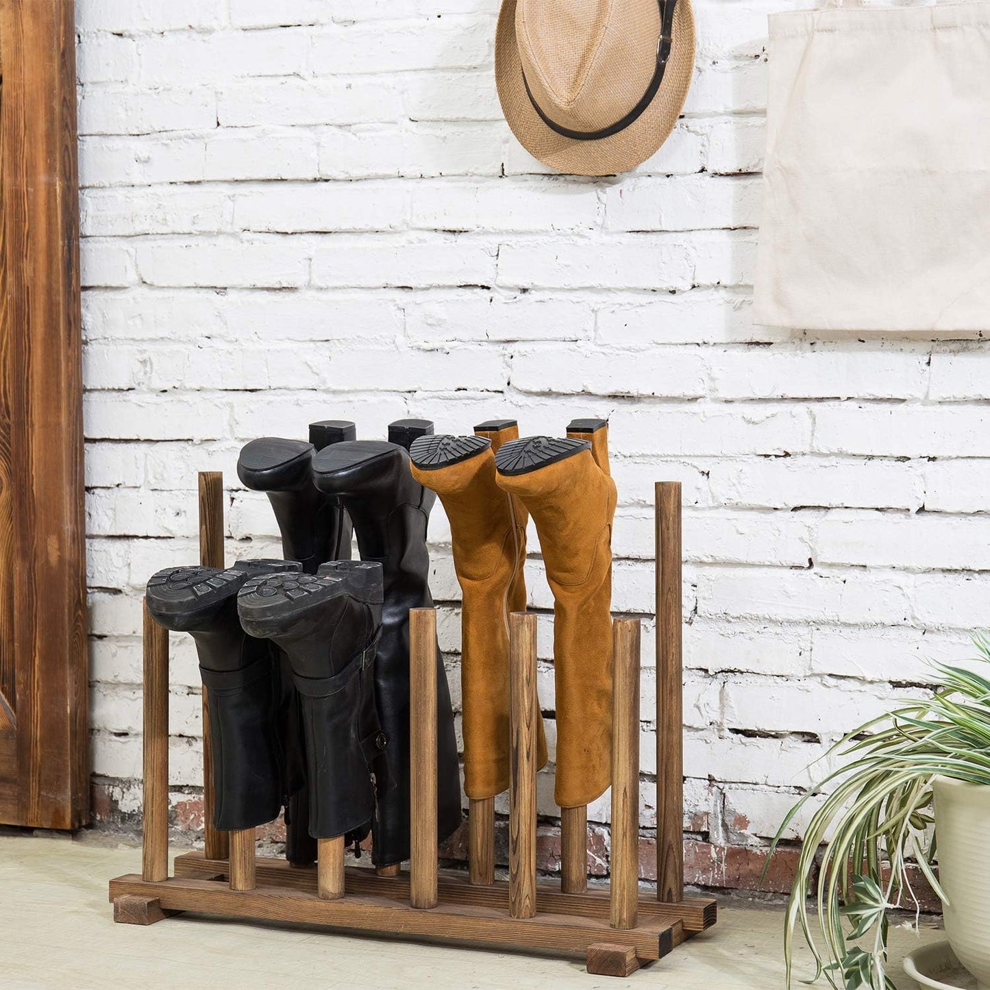 MyGift Rustic Burnt Brown Solid Wood Floor Standing Boot Holder Rack, Wooden Entryway Shoe Storage Organizer Stand Holds 6 Pairs of Tall and Short Boots