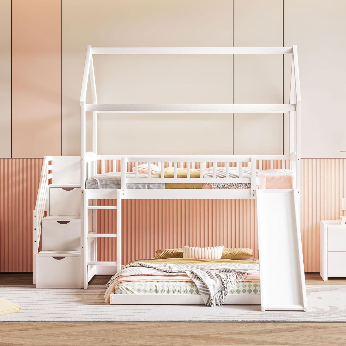 Ball & Cast Twin Over Twin Size House Bunk Bed with Slide and Storage Steps,Wood Bunkbed w/Full-Length Guard Rail & Ladder,Slat Support,Space Saving,Bedroom Furniture for Student Dorms,White