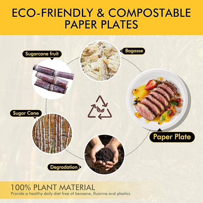 RACETOP Disposable Compostable Paper Plates 9 Inch [125 Pack], White Bagasse, Heavy-Duty Biodegradable Paper Plates, Eco-Friendly, Made of Natural Sugarcane Fibers