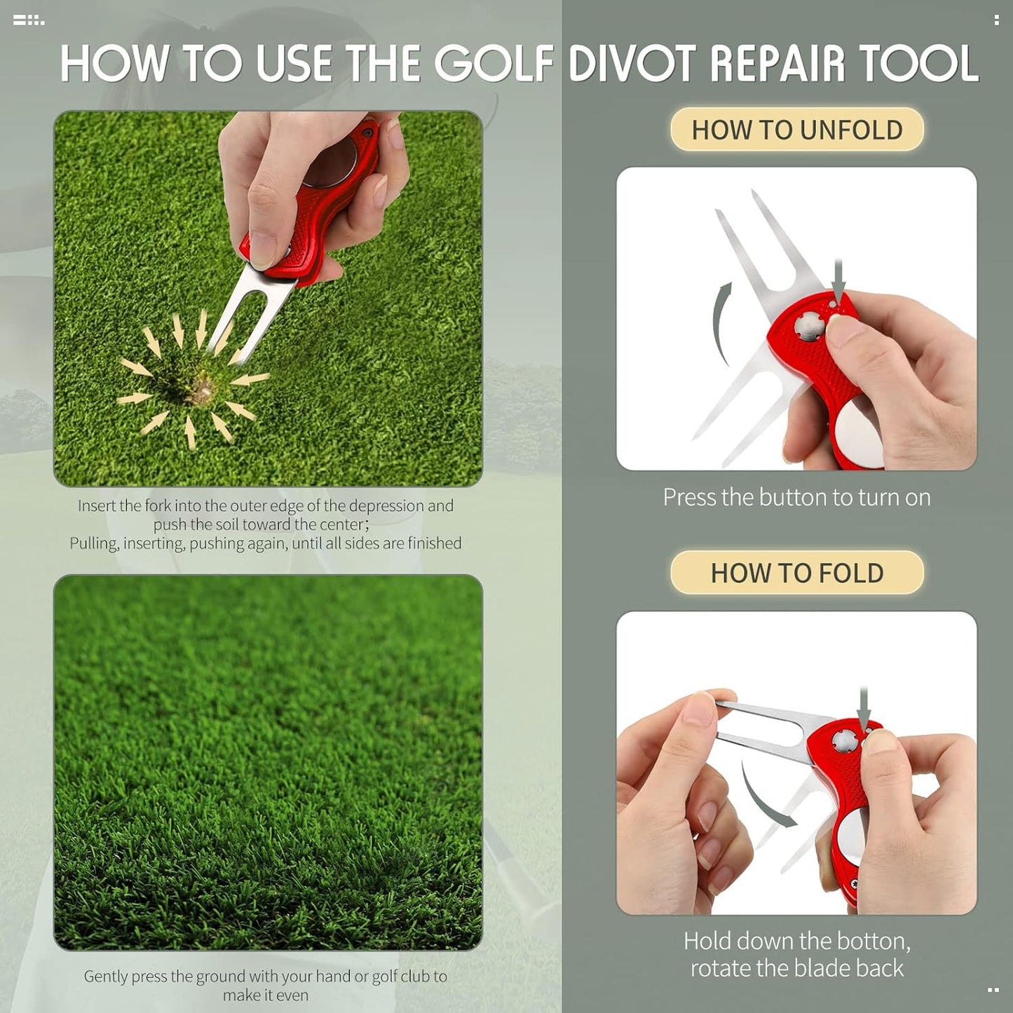 6 Packs Golf Repair Tool Stainless Steel Foldable Golf Divot Tool Magnetic Button Ball Marker