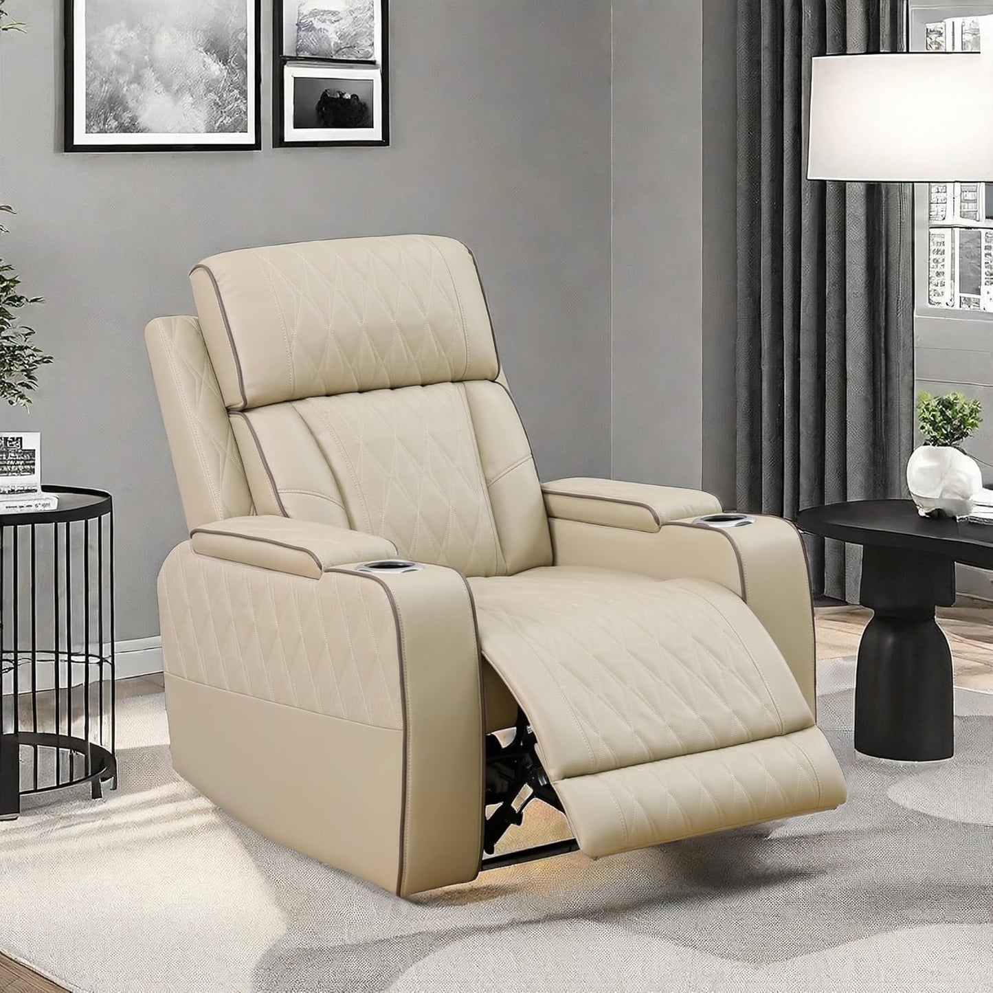 Recliner Chair, Leather Recliner Home Theater Seating, Electric Reclining Chair with USB Ports and Cup Holders, Breathing Chair with Hidden Arm Storage, Ambient Lighting, Beige