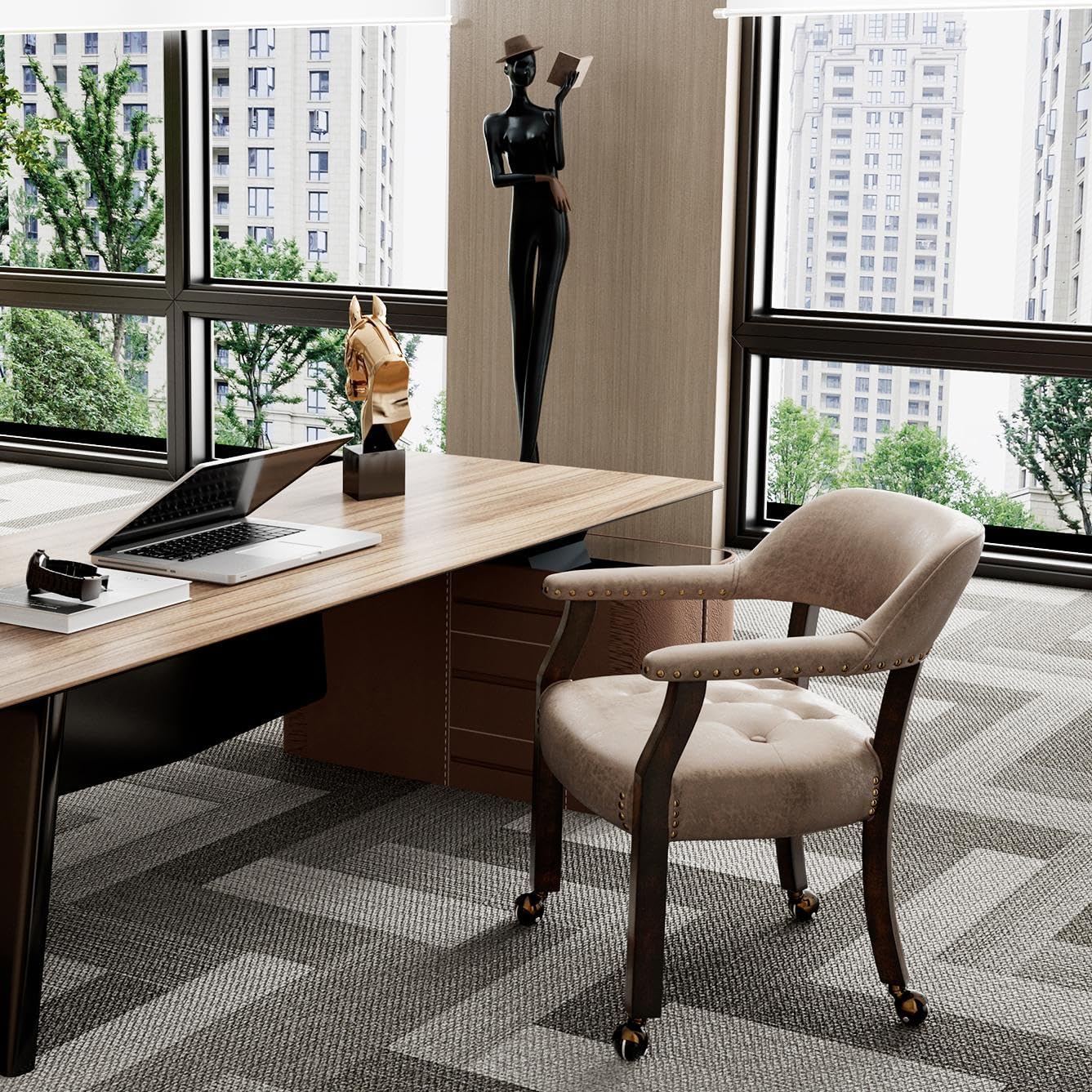 LEEMTORIG Large Dining Chairs with Casters and Arms, Rolling Dining Chairs with Wheels, Accent Wood Boss Caption's Chairs, 26" D x 25.2" W x 31.5" H, Espresso Legs & Yellowish Brown Fabric SY-318-LT