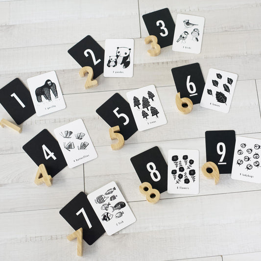 Wee Gallery Bamboo Numbers and Nature Number Cards Set - Educational Learning Toys for Baby, Toddler, Preschool Kids - Wooden Numbers and Animal Contrast Flashcards to Stimulate Early Development