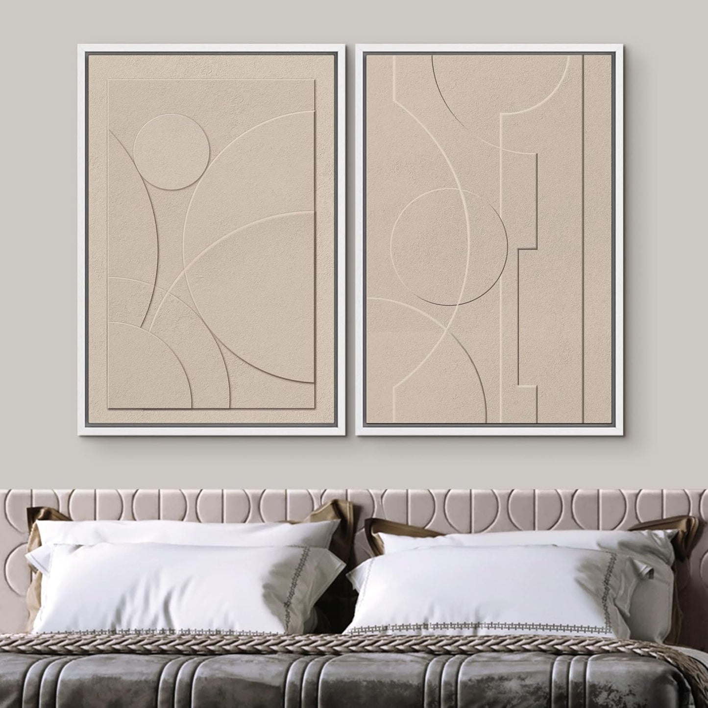 SIGNWIN Framed Canvas Print Wall Art Set Art Deco Geometric Polygon Collage Abstract Shapes Illustrations Minimal Decorative Boho Nordic Relax for Living Room, Bedroom, Office - 16"x24"x2 White