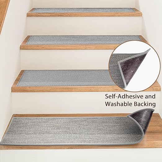 Natural Linen Stair Treads for Wooden Steps, 4 Pcs 8" x 30",Non Slip Stair Runner, Peel and Stick Carpet Indoor for Kids Elders and Pets (4, Grey, 8" x 30")