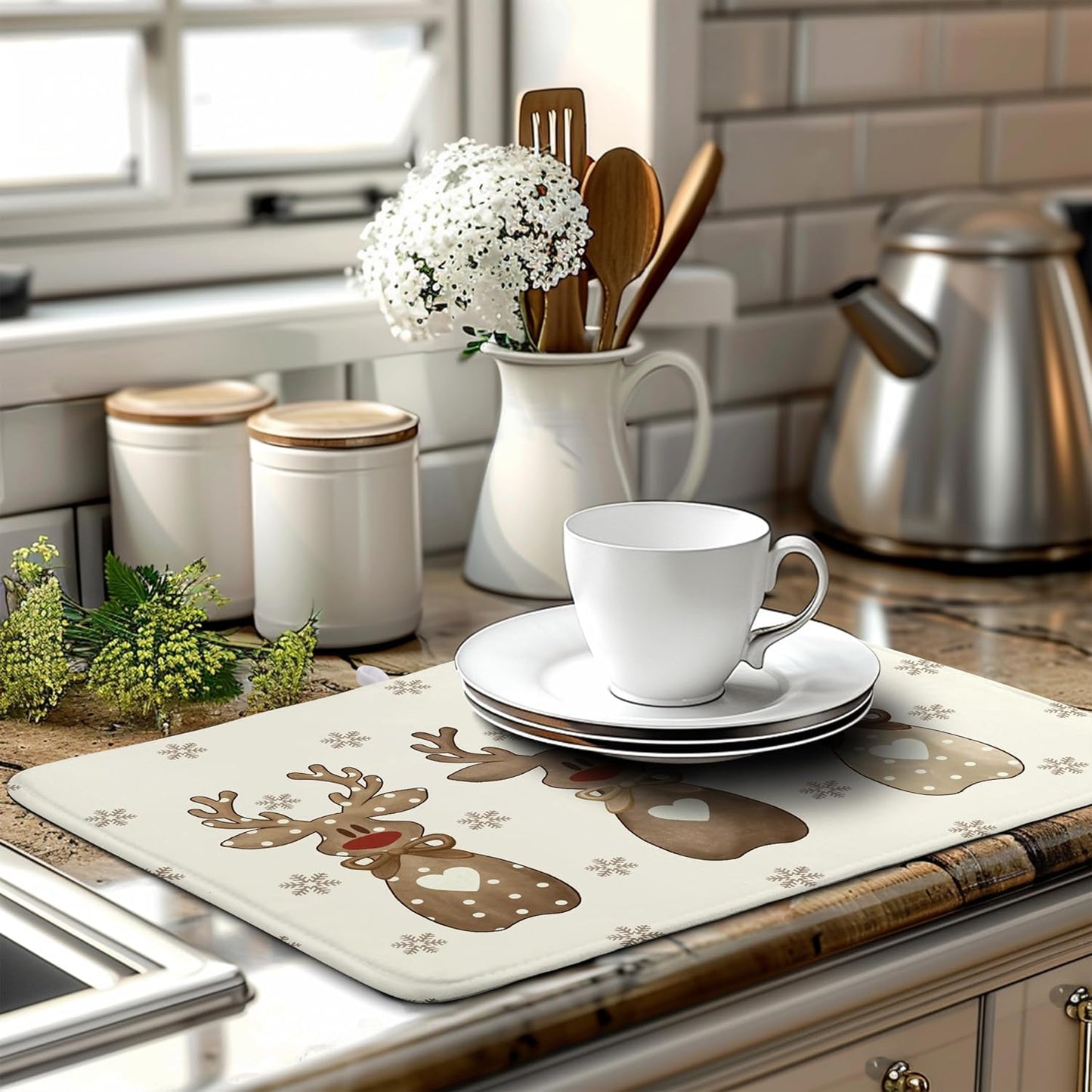 Christmas Reindeer Snowflakes Dish Drying Mat for Kitchen Counter 18x24 Inch Winter Xmas Holiday Drying Pads Microfiber Absorbent Dish Draining Mat Large Dish Drainer Rack Mat