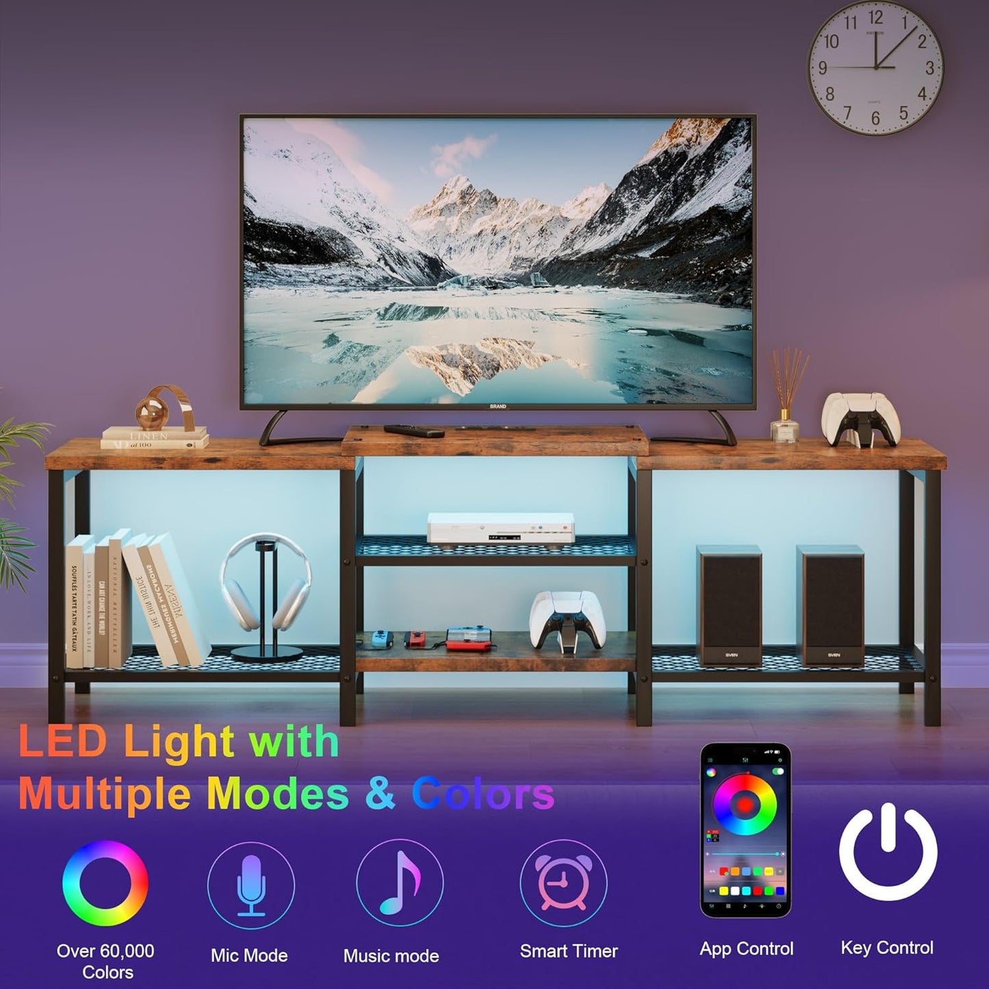 GarveeHome TV Stand with LED Lights for 55/65/75 Inch TV, 67 Inch Large Entertainment Center with Power Outlets, Media Console for Living Room, Bedroom, Vintage Brown