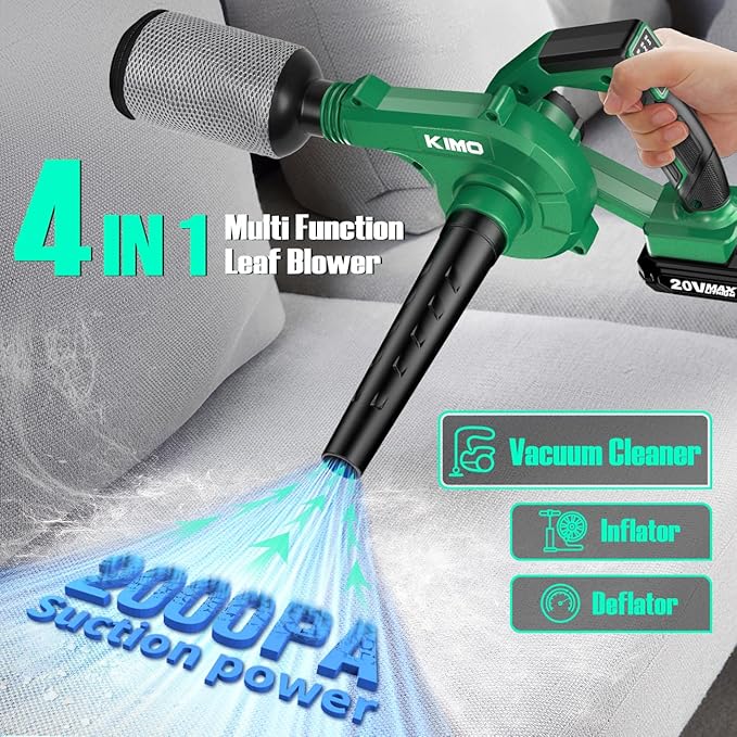 K I M O. Cordless Leaf Blower and Vacuum Combo 4 In 1, 3 Nozzles for Inflation and Deflation, 190MPH, Control Panel with 3 Speeds, 20" Extended Tube, 2 Pack Battery Operated Leaf Blowers for Lawn Care