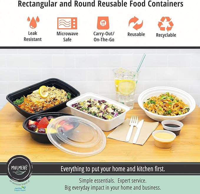 MULMEHË Plastic Food Storage Take-Out Container and Lid Combo, 16 oz, Microwaveable, Round, Black, 6x1.5”, Set of 150