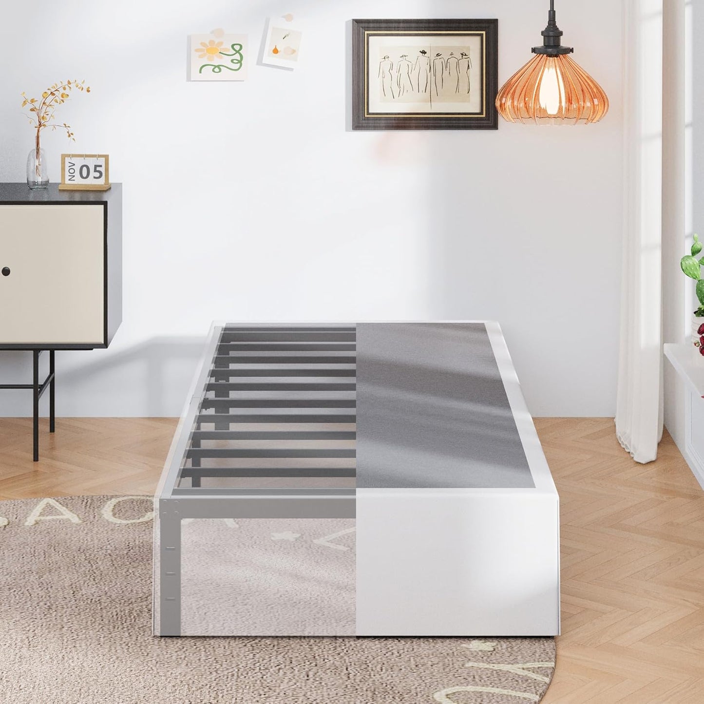16 Inch Twin Bed Frames with White Skirt Cover, Metal Twin Size Bed Frame with Storage, Heavy Duty, No Box Spring Needed, Easy Assembly, Noise Free, Mattress Foundation