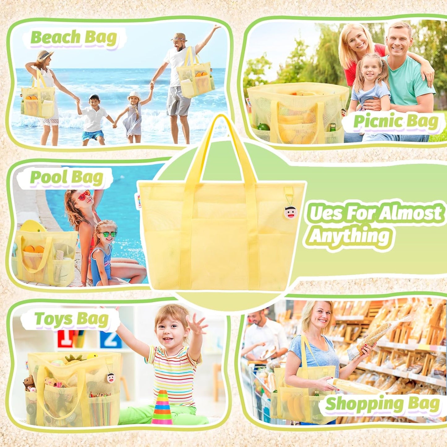 Tagitary Mesh Beach Bag with Zipper Large Beach Tote Waterproof Sandproof with 8 Pockets for Toys Pool Bag Beach Accessories