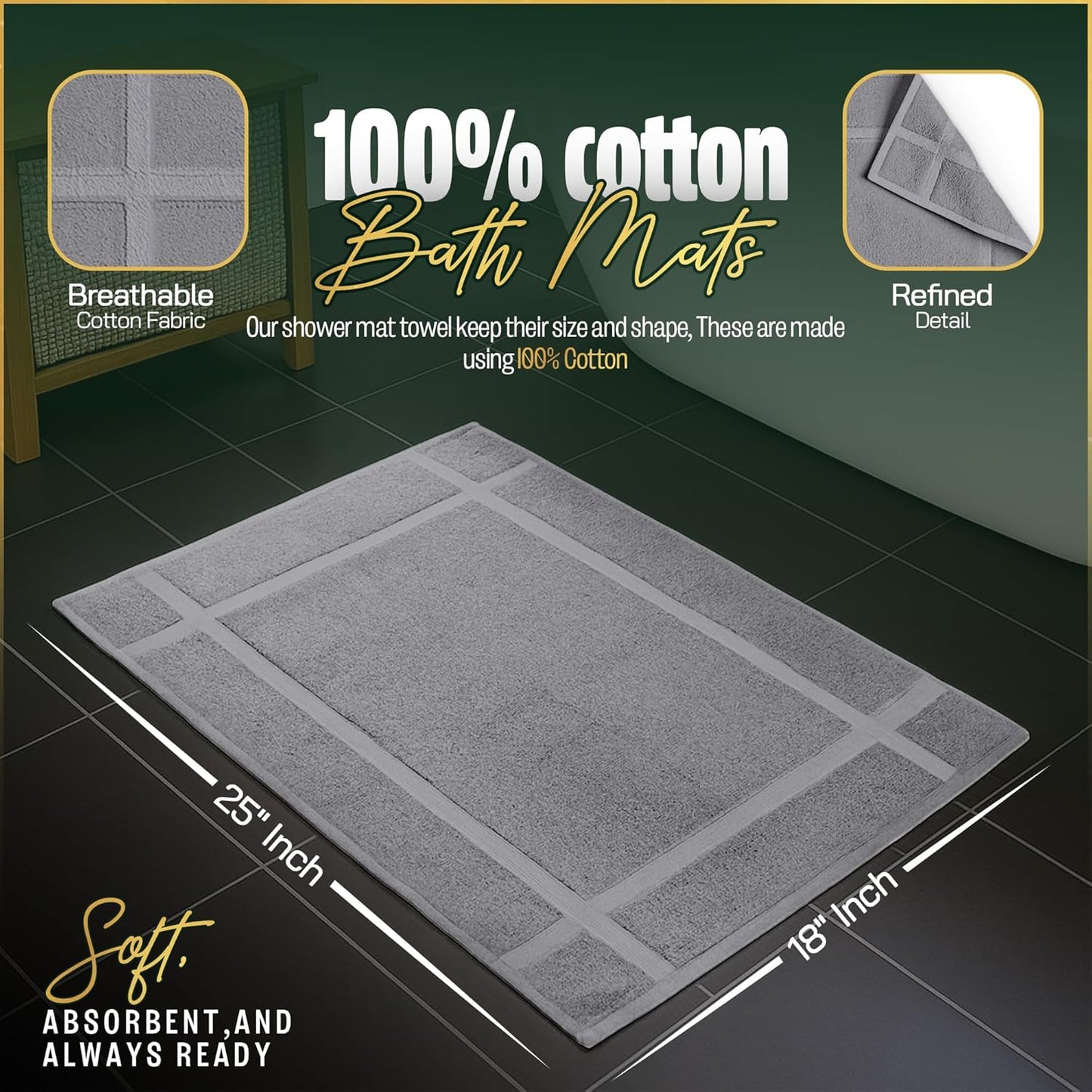 Pearl Linens Pack of 12 Washable Cotton Bath Mat 18x25 - Soft & Absorbent Quick Dry Bathroom Mat Set, Not Bathroom Rugs After Shower Mat, Terry Bath Tub Mat, 687 GSM Light Grey