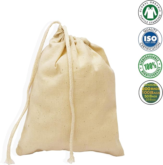 4x6 Inches Natural Cotton Reusable Produce Muslin Bags – Multipurpose Drawstring Storage Pouch for Everyday Use (25)