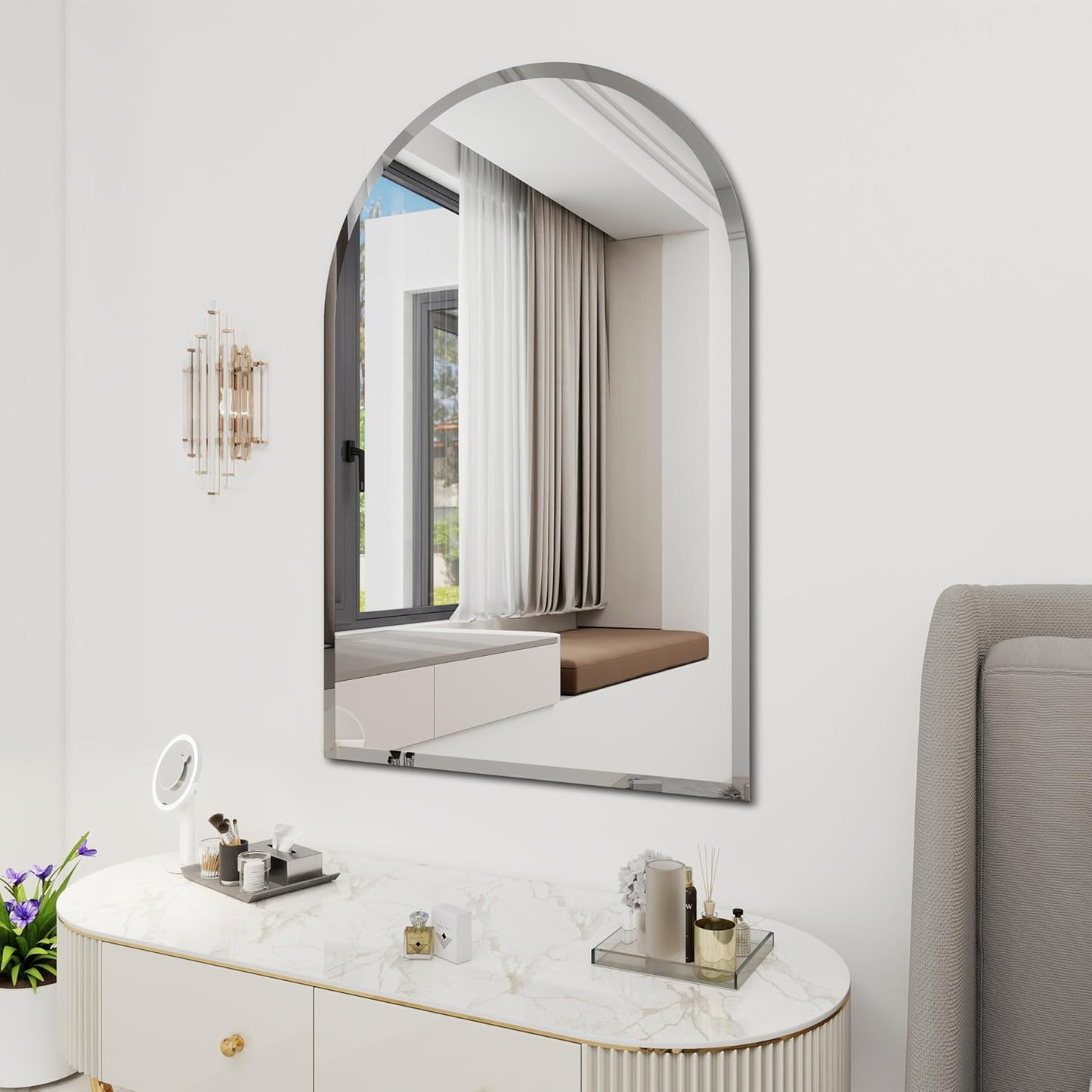 Arched Bathroom Mirror, 28X36 inch Arched Frameless Mirror, Arch Wall Mirror，Frameless Mirrors for Bathroom,Beveled Bathroom Mirror.