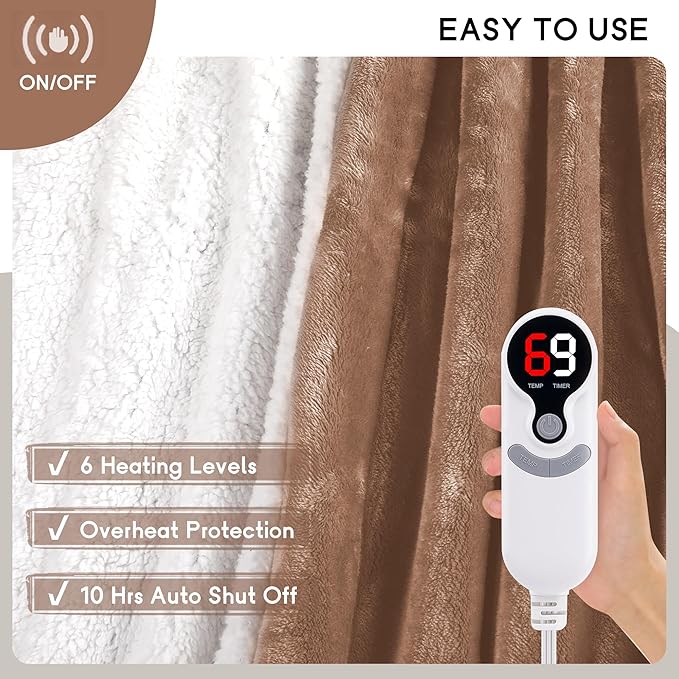Heated Blanket Electric Blanket Full Size 72''x84'' with 9 Heating Levels, 1-10 Hour Auto Shut Off, Machine Washable, Flannel & Sherpa Soft Warming Blanket for Couch, Bed, Office - Brown
