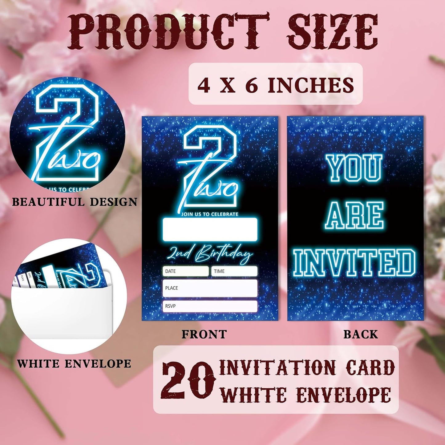 SIXEIGHT Blue 2nd Birthday Invitations for Boys, Neon Glow Party Invitations for Girls Kids, 20 Pack Double Sided Invite Cards with Envelopes, 2nd Glow Neon Birthday Party Decorations, 4x6 Inch-C02