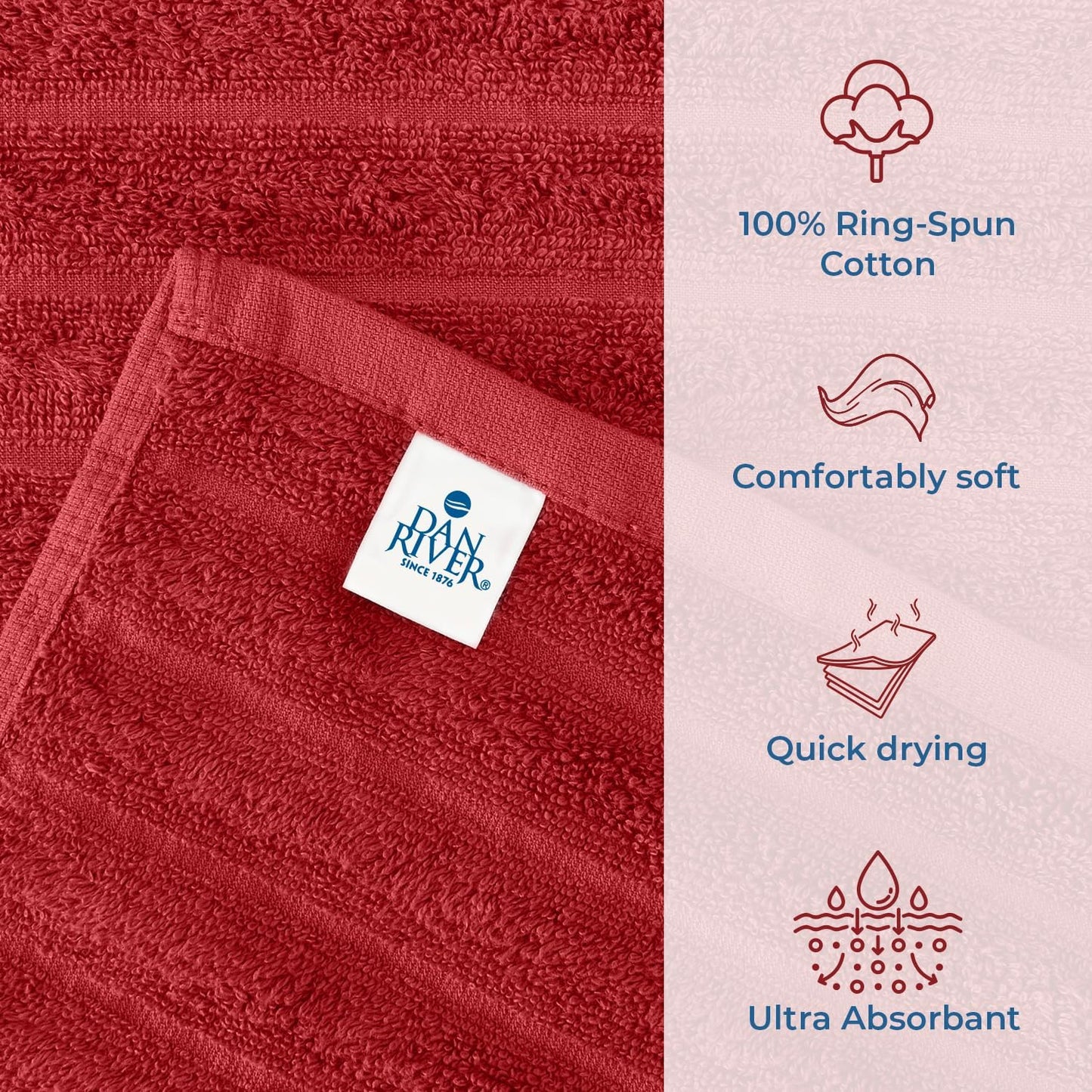 DAN RIVER Pack of 2 Bath Sheet 35x70 Inches, Luxury Ribbed Large Towels Oversized for Bathroom, Absorbent Plush Towels - Red