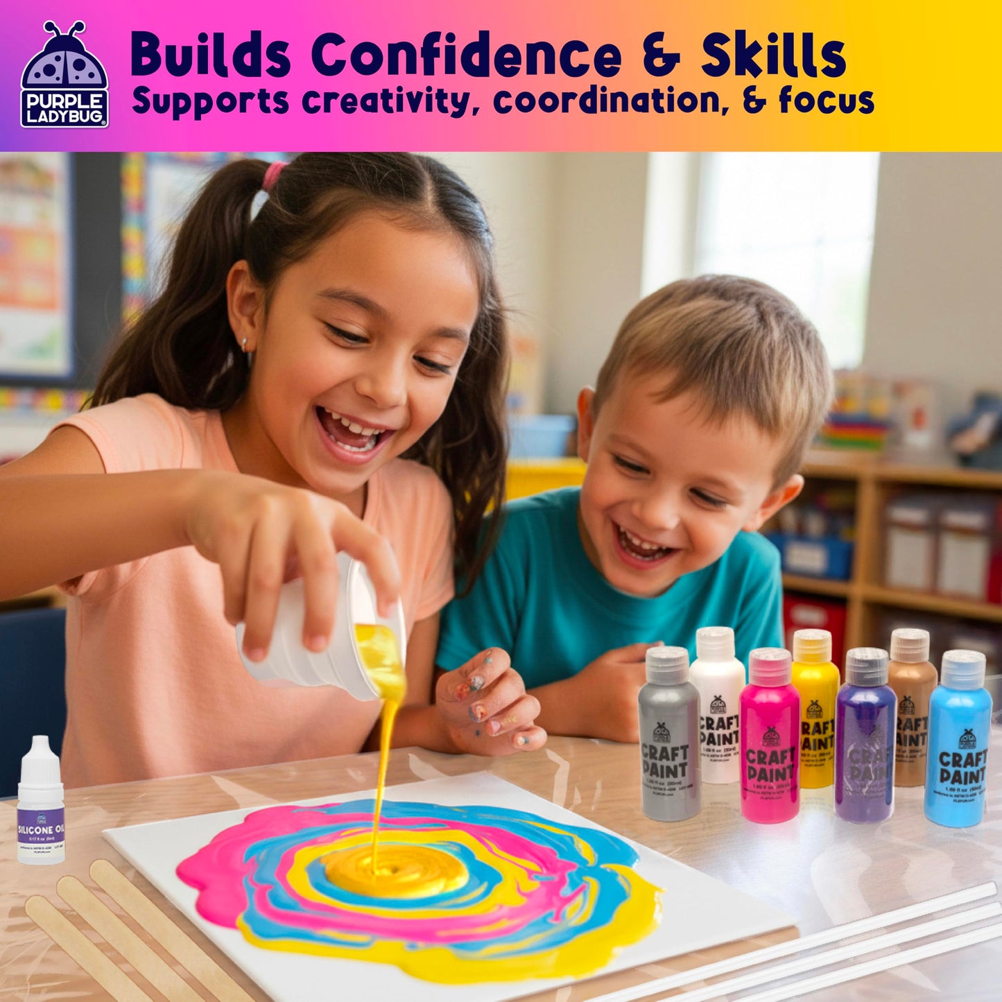 PURPLE LADYBUG Low-Mess Paint Pouring Art with Gloves & Table Cover - Washable & Non-Toxic Kids Painting Kit, Art and Crafts for Kids Ages 8-12, Birthday Gifts for 6+ Years Old, Crafts for Girls 8-12