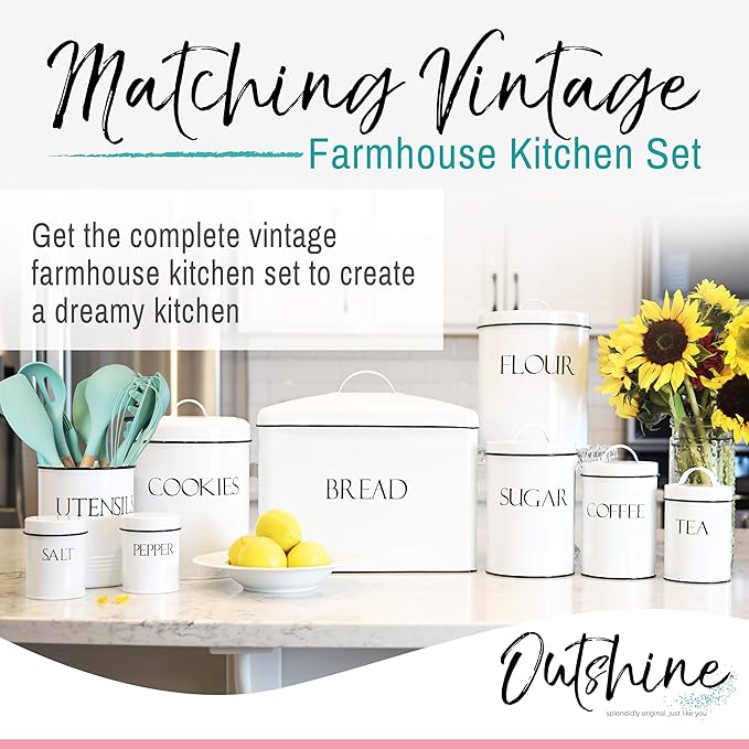 OUTSHINE White Cookie Jar with Airtight Lids | Vintage | Kitchen Counter Decorative Farmhouse Countertop Metal Treat Container | Best Cookie Tin for Gift Giving