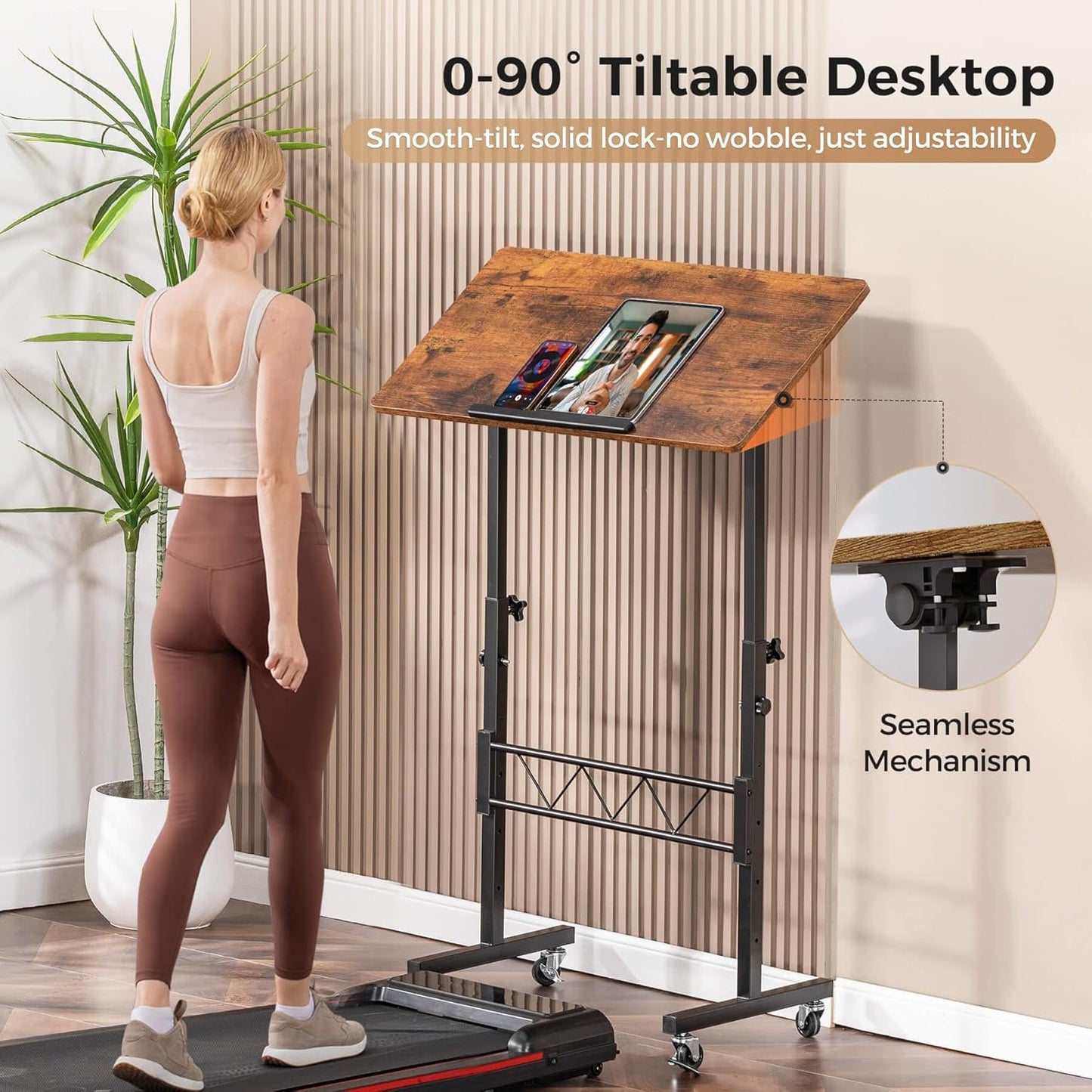 COMHOMA Small Standing Desk Adjustable Height & Tiltable Tabletop, Mobile Stand Up Desk for Laptop, Portable Computer Table for Home Office Work and Walking Pad Treadmill, Height 30.7"-46.4", Brown
