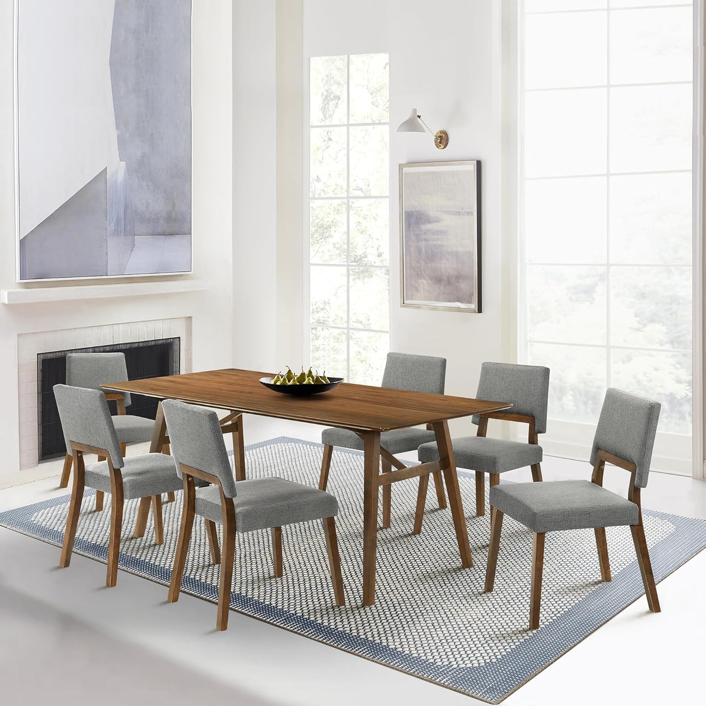 Armen Living Channell Mid Century Modern 7 Piece Walnut Wood Dining Table Set with Charcoal Fabric